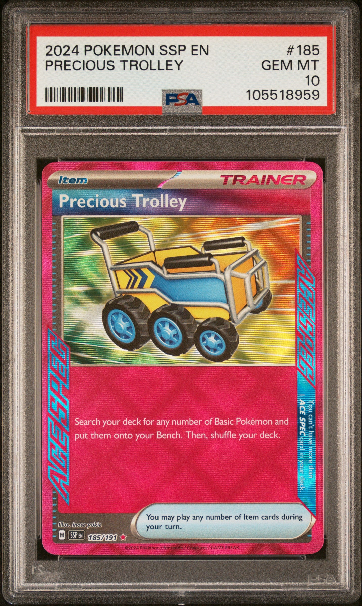 PRECIOUS TROLLEY 185/191 Common POKEMON SSP EN-SURGING SPARKS PSA10 GEM MT 10 PSA population 49 <a href=https://www.psacard.com/cert/105518959/psa>https://www.psacard.com/cert/105518959/psa</a>