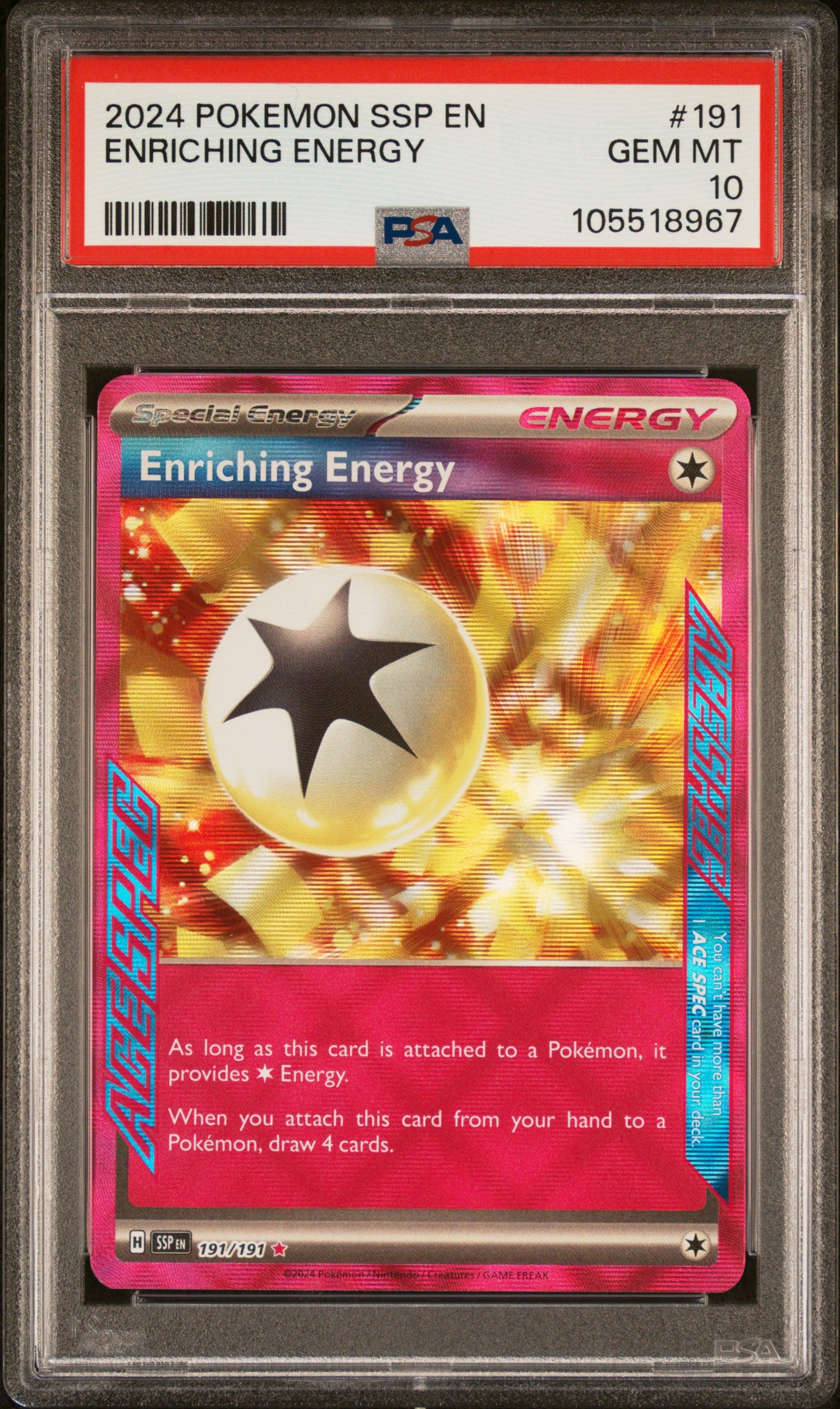 ENRICHING ENERGY 191/191 Common POKEMON SSP EN-SURGING SPARKS PSA10 GEM MT 10 PSA population 25 <a href=https://www.psacard.com/cert/105518967/psa>https://www.psacard.com/cert/105518967/psa</a>