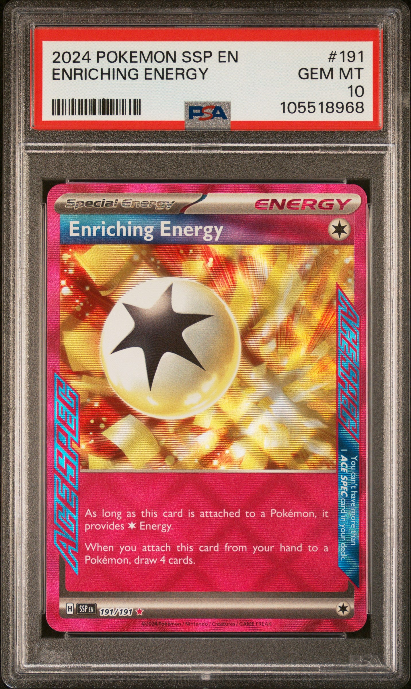 ENRICHING ENERGY 191/191 Common POKEMON SSP EN-SURGING SPARKS PSA10 GEM MT 10 PSA population 25 <a href=https://www.psacard.com/cert/105518968/psa>https://www.psacard.com/cert/105518968/psa</a>