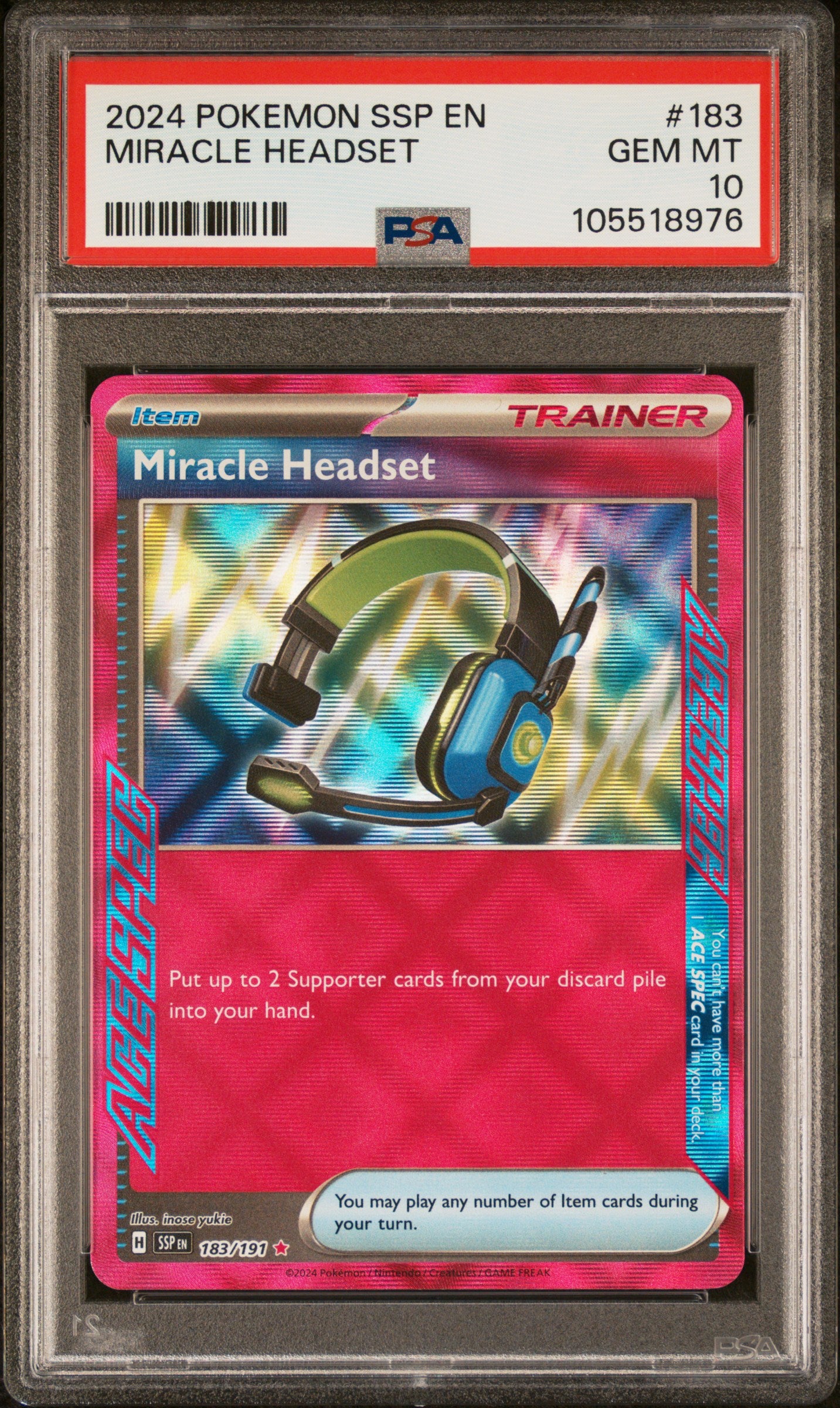 MIRACLE HEADSET 183/191 Common POKEMON SSP EN-SURGING SPARKS PSA10 GEM MT 10 PSA population 28 <a href=https://www.psacard.com/cert/105518976/psa>https://www.psacard.com/cert/105518976/psa</a>