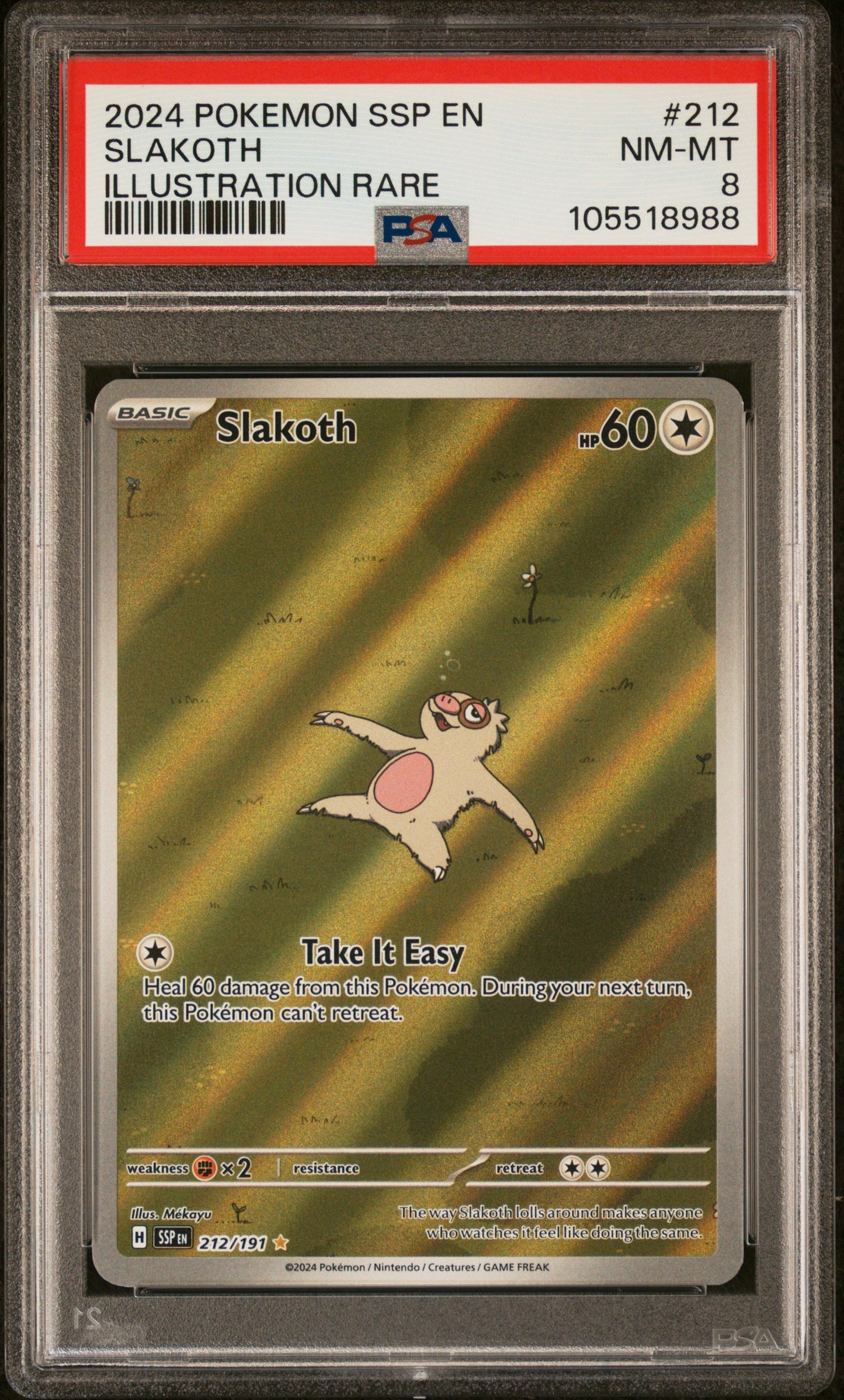 SLAKOTH 212/191 Common POKEMON SSP EN-SURGING SPARKS ILLUSTRATION RARE PSA8 NM-MT 8 PSA population 431 <a href=https://www.psacard.com/cert/105518988/psa>https://www.psacard.com/cert/105518988/psa</a>