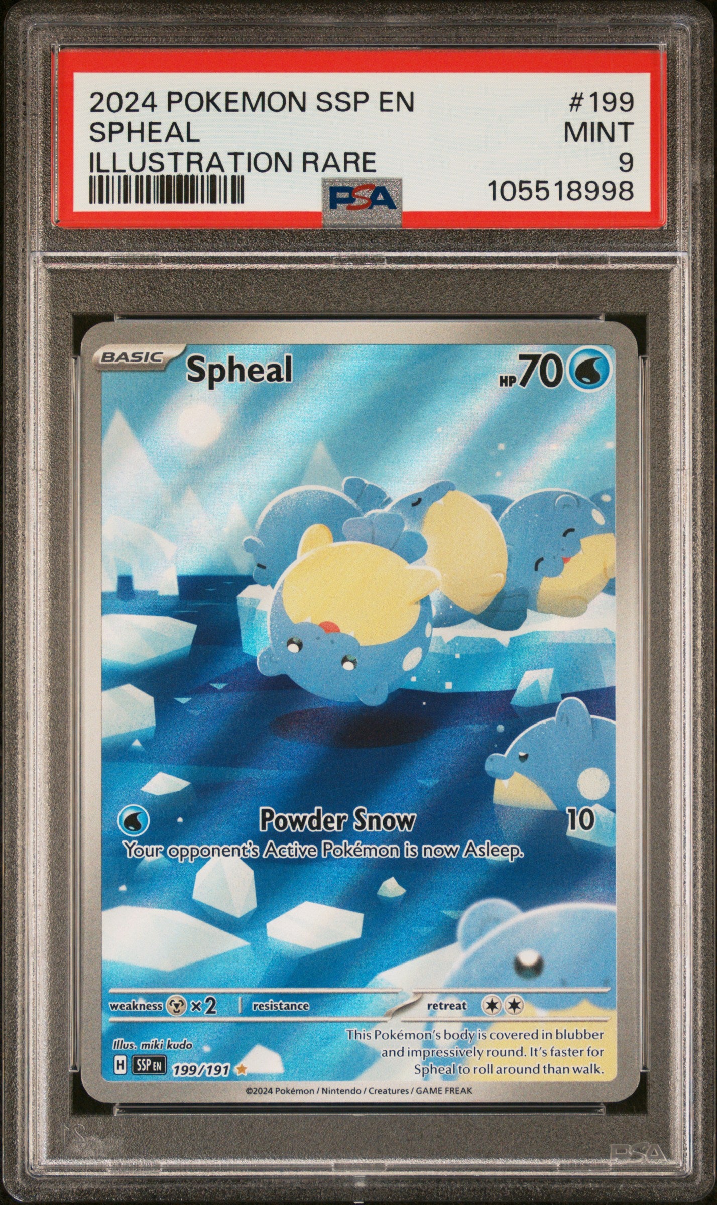 SPHEAL 199/191 Common POKEMON SSP EN-SURGING SPARKS ILLUSTRATION RARE PSA9 MINT 9 PSA population 2010 <a href=https://www.psacard.com/cert/105518998/psa>https://www.psacard.com/cert/105518998/psa</a>