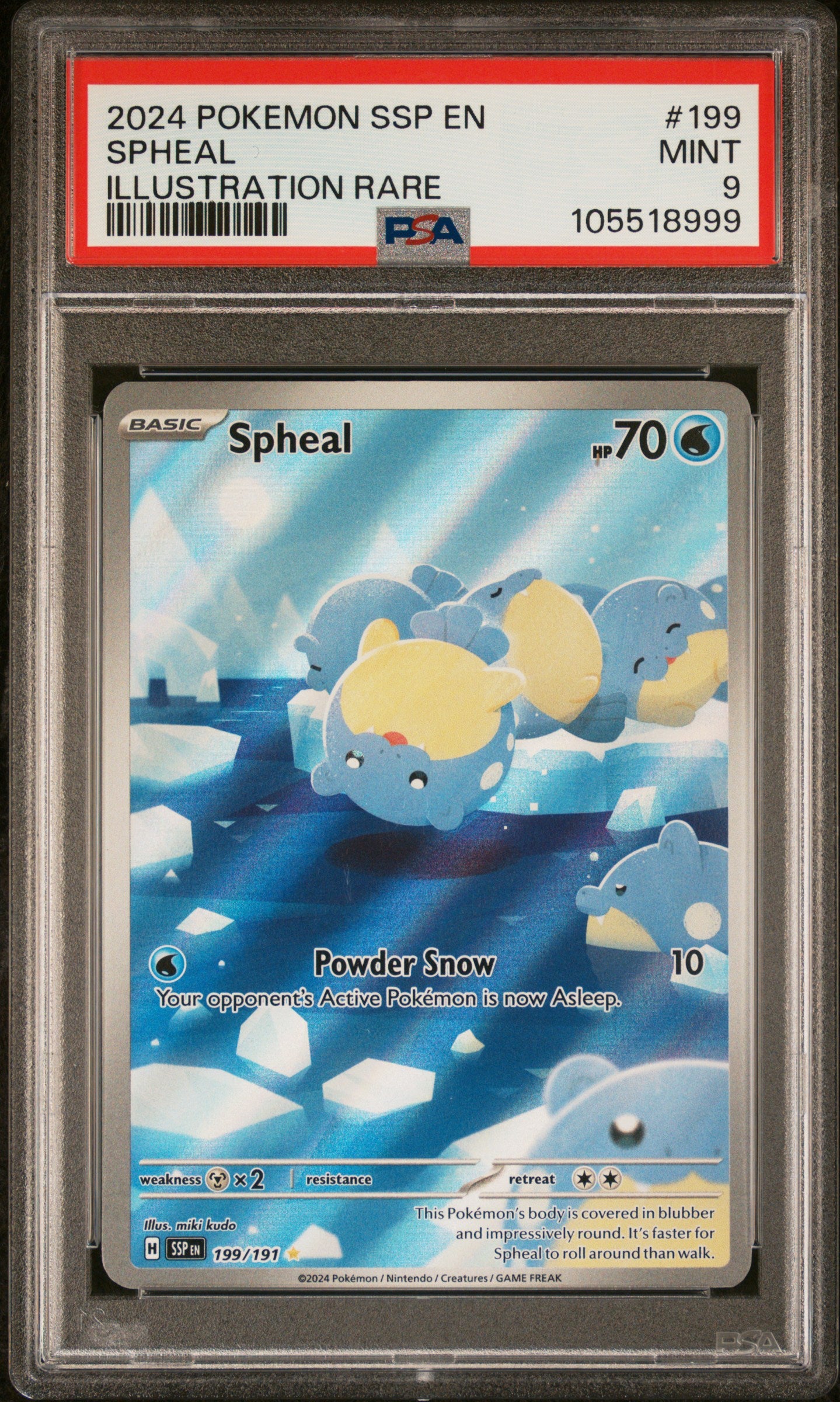 SPHEAL 199/191 Common POKEMON SSP EN-SURGING SPARKS ILLUSTRATION RARE PSA9 MINT 9 PSA population 2010 <a href=https://www.psacard.com/cert/105518999/psa>https://www.psacard.com/cert/105518999/psa</a>