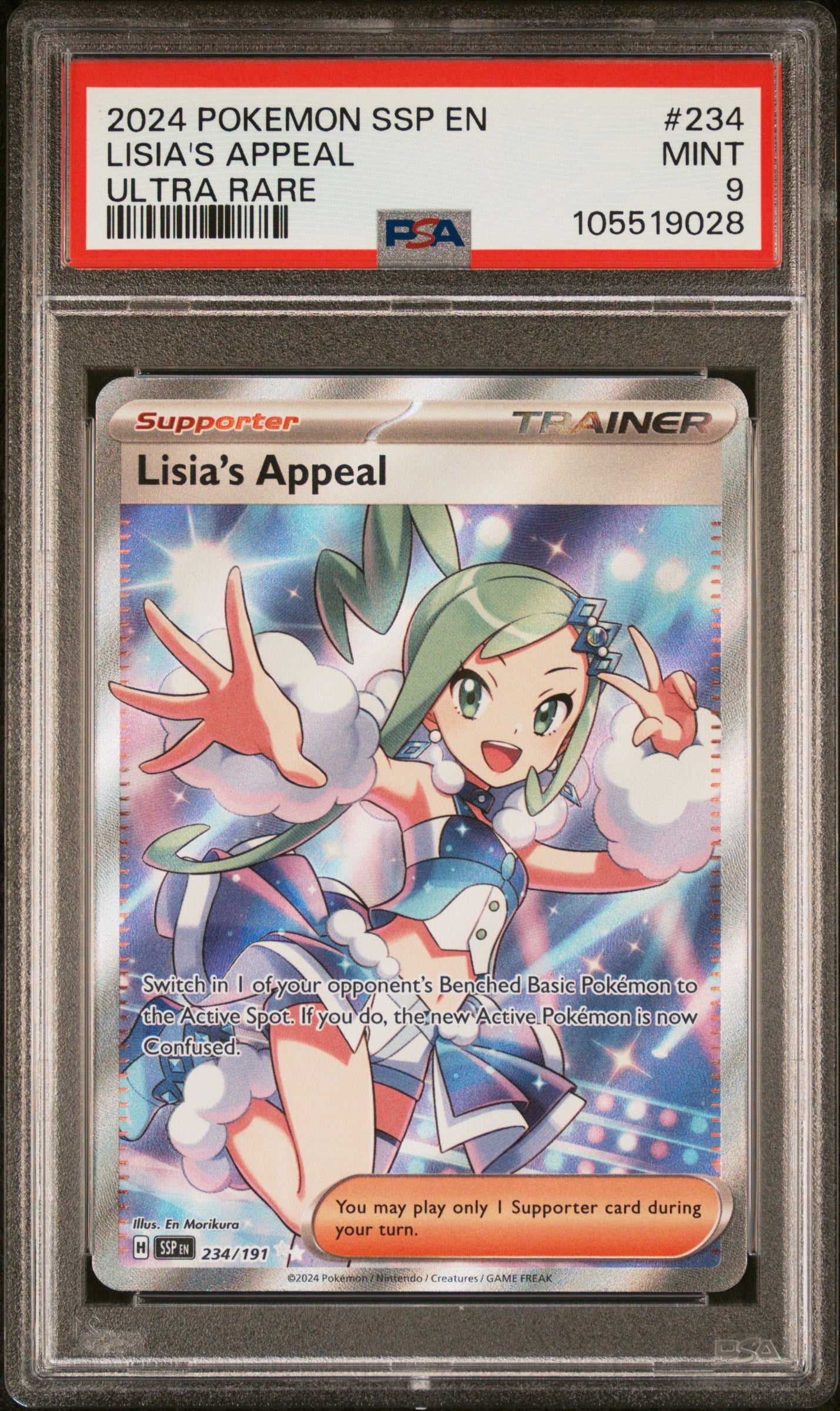 LISIA'S APPEAL 234/191 Common POKEMON SSP EN-SURGING SPARKS ULTRA RARE PSA9 MINT 9 PSA population 1818 <a href=https://www.psacard.com/cert/105519028/psa>https://www.psacard.com/cert/105519028/psa</a>