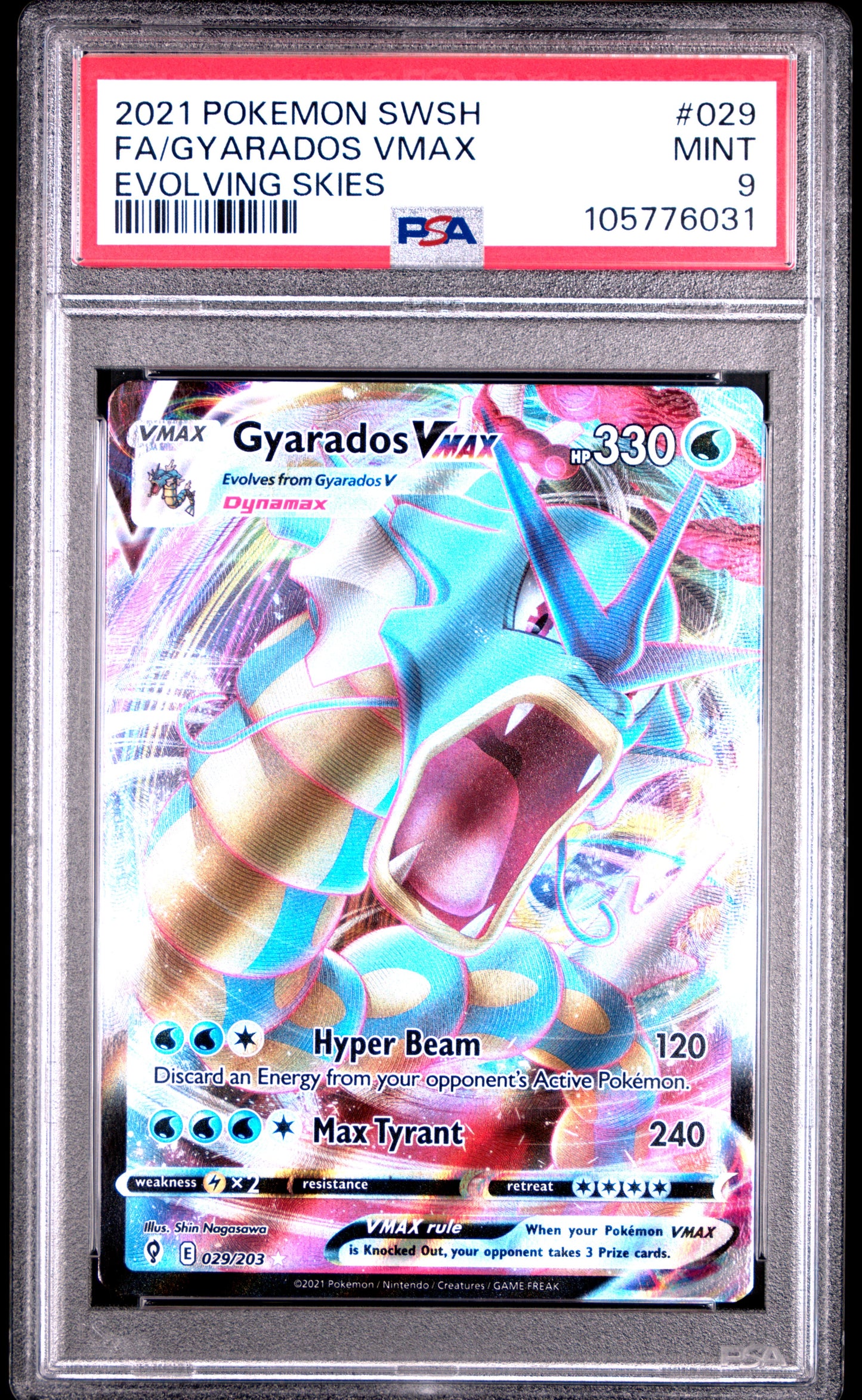 FA/GYARADOS VMAX 29/203 Common POKEMON SWORD & SHIELD EVOLVING SKIES EVOLVING SKIES PSA9 MINT 9 PSA population 311 <a href=https://www.psacard.com/cert/105776031/psa>https://www.psacard.com/cert/105776031/psa</a>