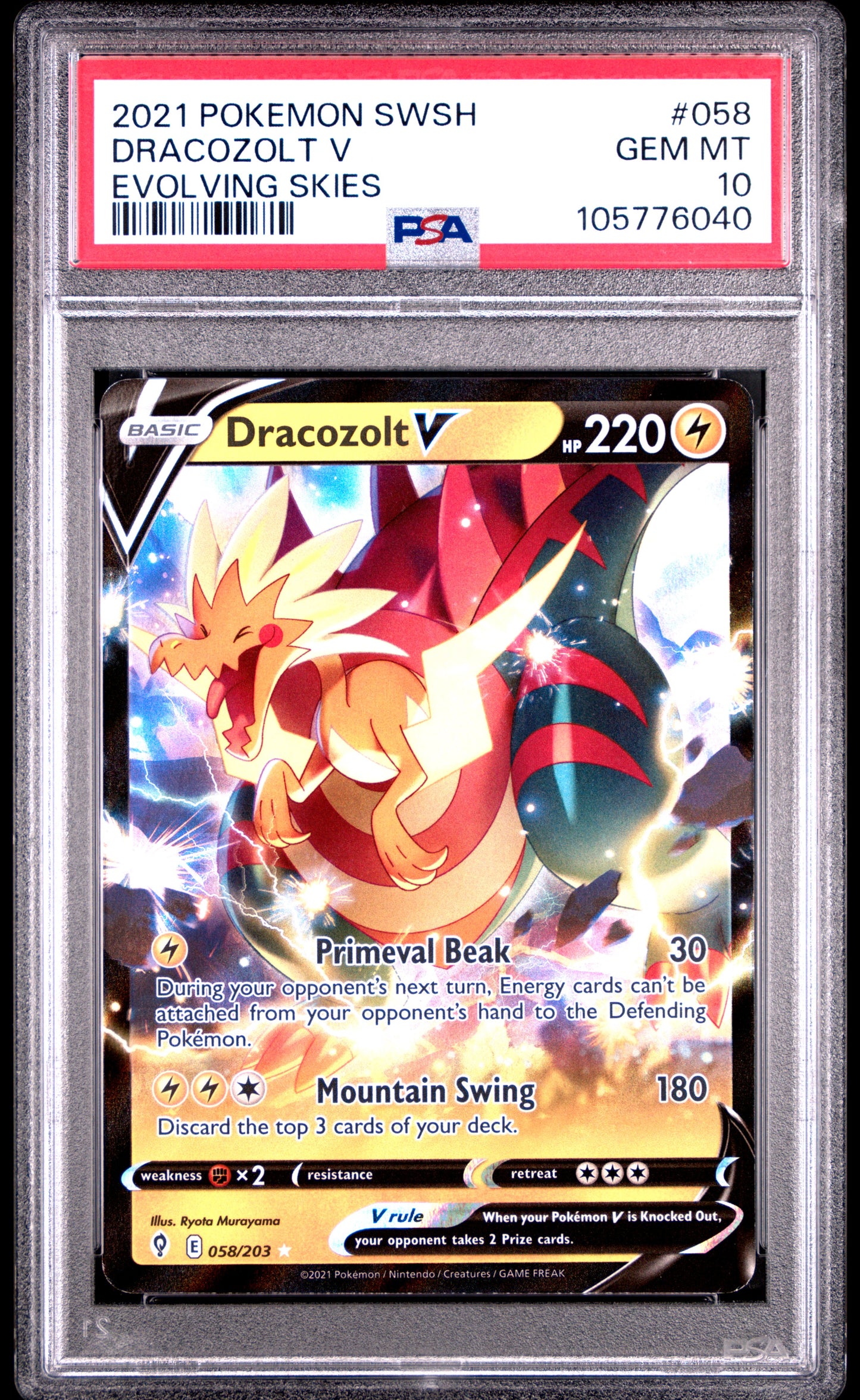 DRACOZOLT V 58/203 Common POKEMON SWORD & SHIELD EVOLVING SKIES EVOLVING SKIES PSA10 GEM MT 10 PSA population 32 <a href=https://www.psacard.com/cert/105776040/psa>https://www.psacard.com/cert/105776040/psa</a>
