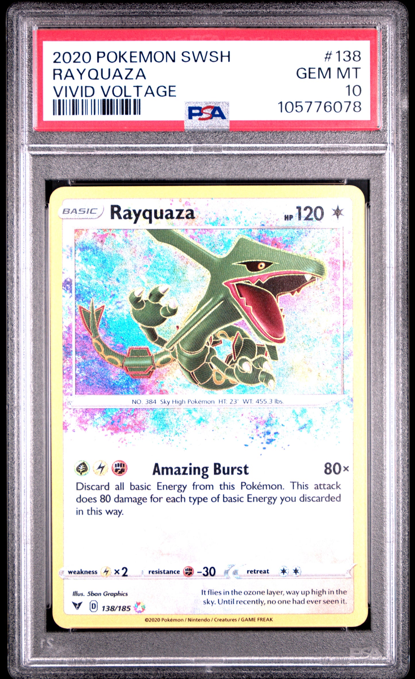RAYQUAZA 138/185 Common POKEMON SWORD & SHIELD VIVID VOLTAGE VIVID VOLTAGE PSA10 GEM MT 10 PSA population 10016 <a href=https://www.psacard.com/cert/105776078/psa>https://www.psacard.com/cert/105776078/psa</a>