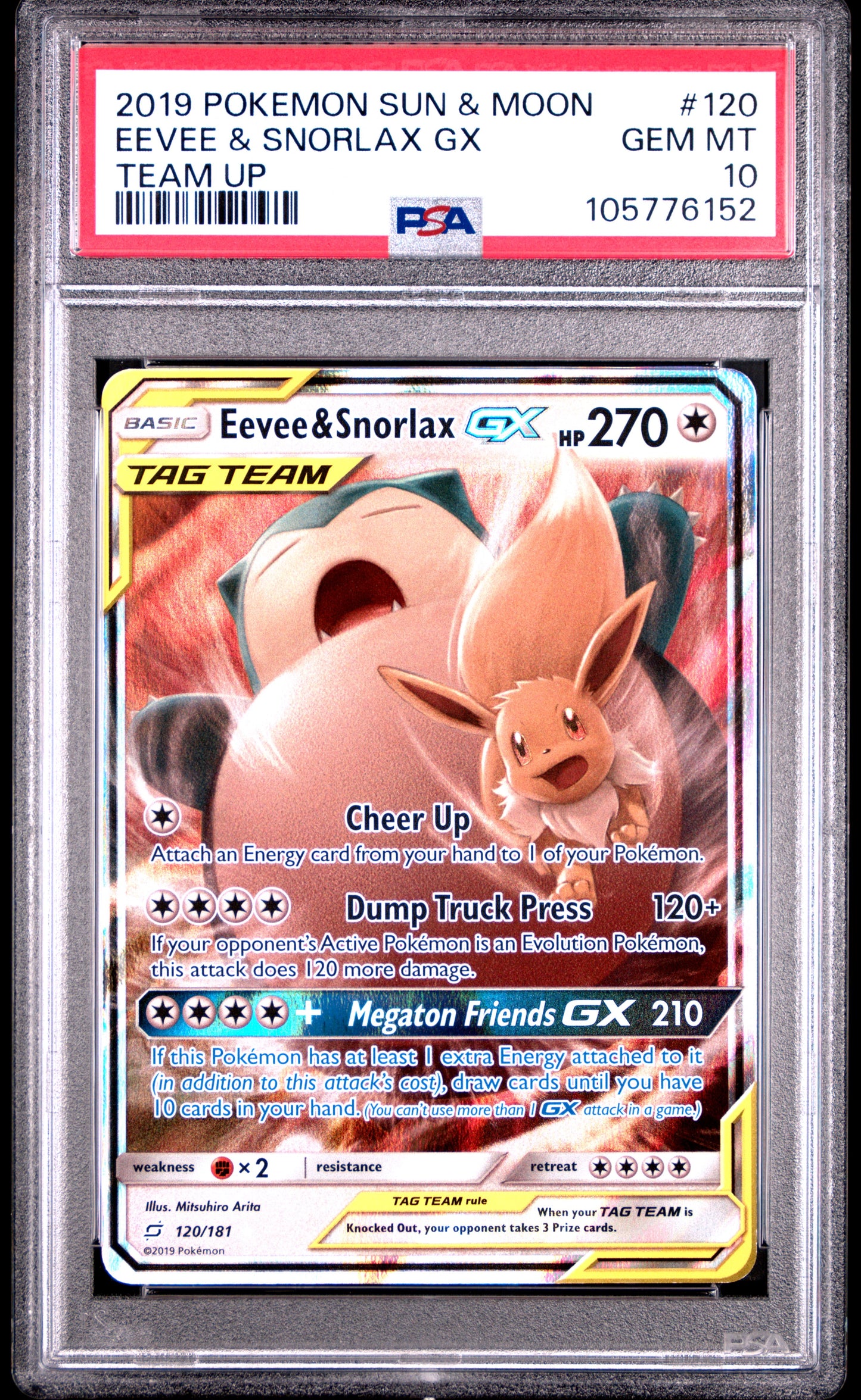 EEVEE & SNORLAX GX 120/181 Common POKEMON SUN & MOON TEAM UP TEAM UP PSA10 GEM MT 10 PSA population 0 <a href=https://www.psacard.com/cert/105776152/psa>https://www.psacard.com/cert/105776152/psa</a>