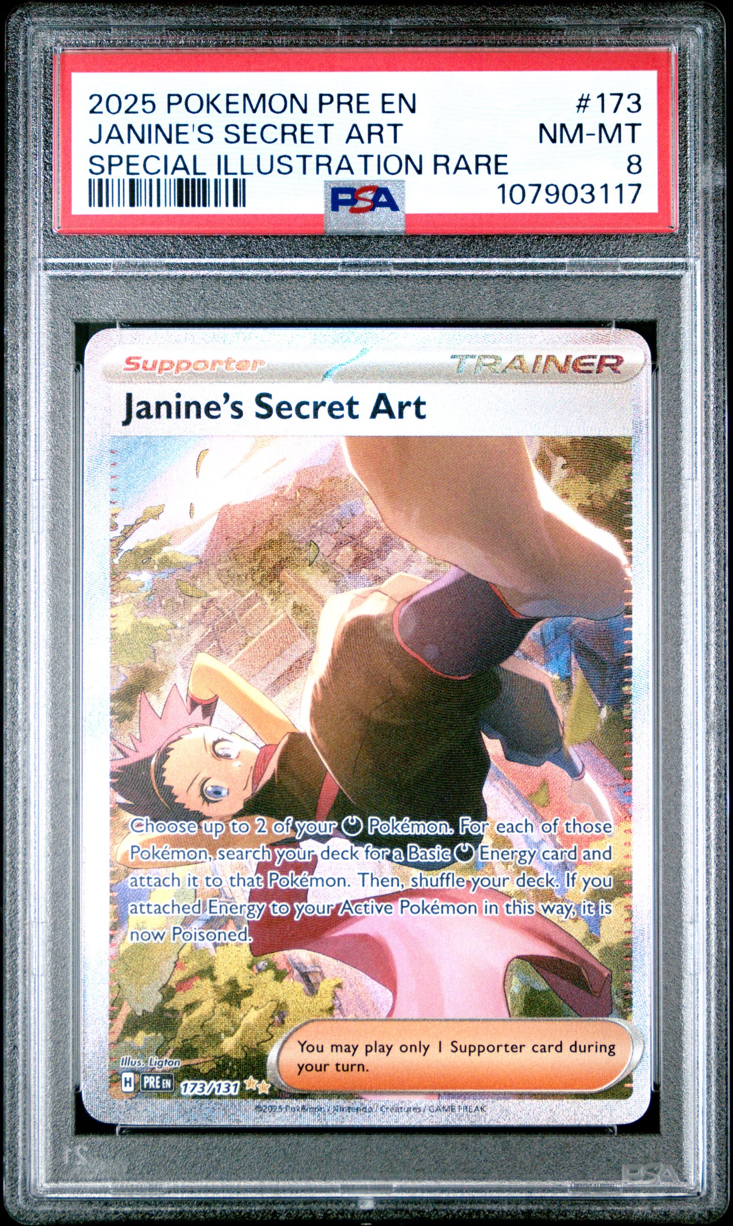 JANINE'S SECRET ART 173/131 Common POKEMON PRE EN-PRISMATIC EVOLUTIONS SPECIAL ILLUSTRATION RARE PSA8 NM-MT 8 PSA population 112 <a href=https://www.psacard.com/cert/107903117/psa>https://www.psacard.com/cert/107903117/psa</a>