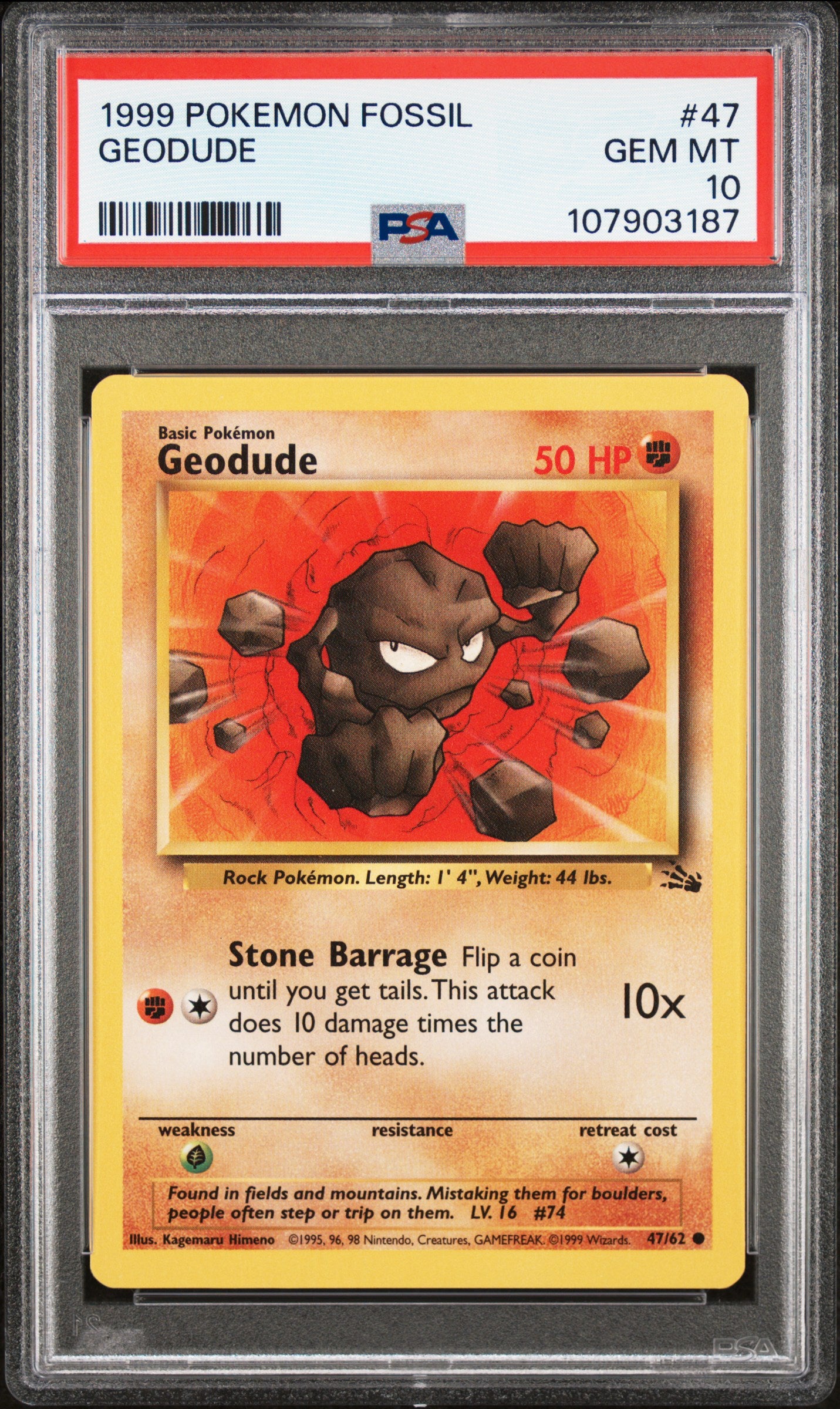 GEODUDE 47/62 Common POKEMON FOSSIL PSA10 GEM MT 10 PSA population 164 <a href=https://www.psacard.com/cert/107903187/psa>https://www.psacard.com/cert/107903187/psa</a>