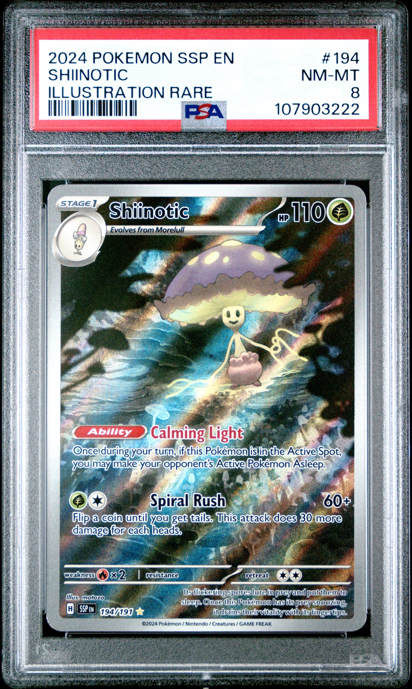 SHIINOTIC 194/191 Common POKEMON SSP EN-SURGING SPARKS ILLUSTRATION RARE PSA8 NM-MT 8 PSA population 95 <a href=https://www.psacard.com/cert/107903222/psa>https://www.psacard.com/cert/107903222/psa</a>