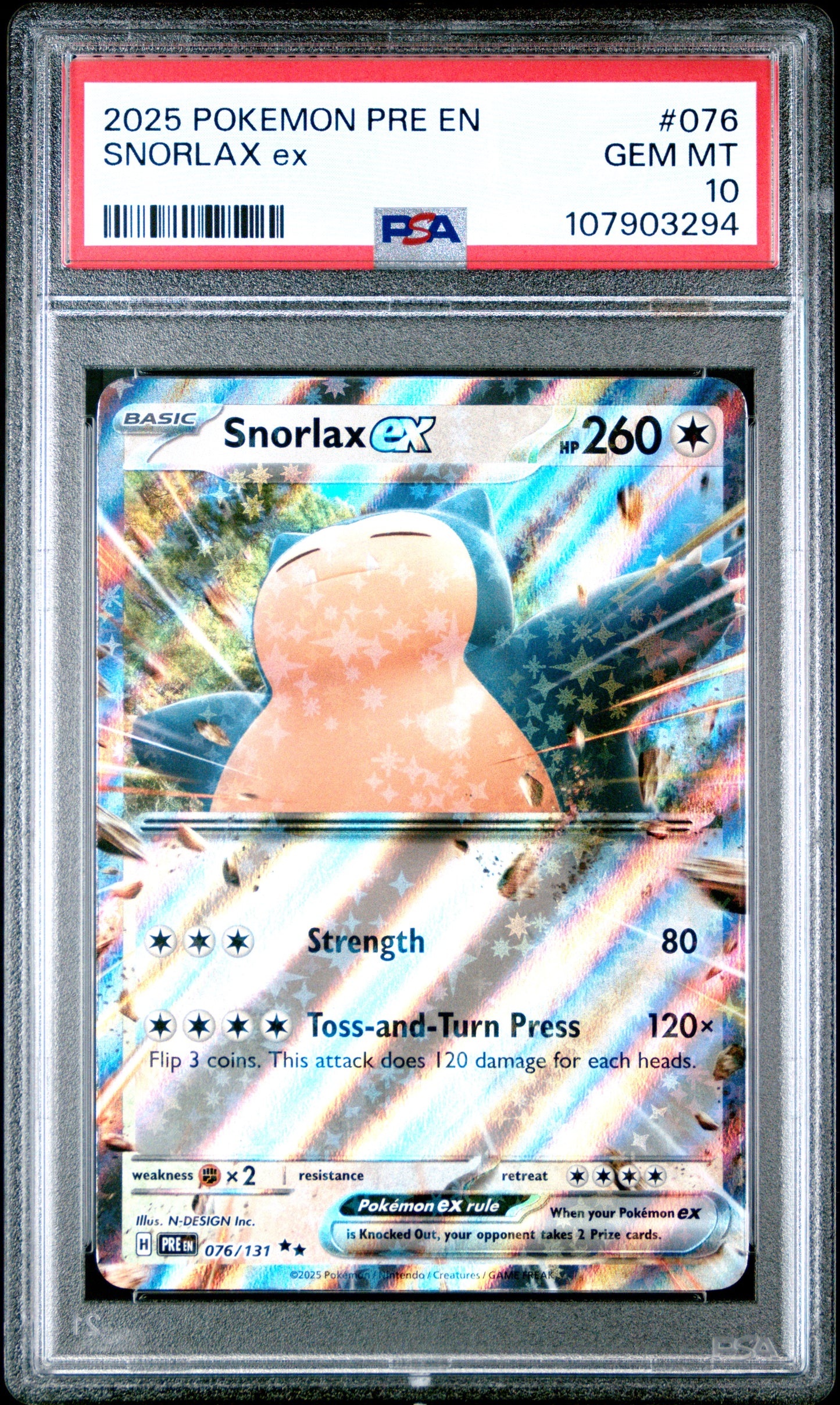 SNORLAX EX 76/131 Common POKEMON PRE EN-PRISMATIC EVOLUTIONS PSA10 GEM MT 10 PSA population 85 <a href=https://www.psacard.com/cert/107903294/psa>https://www.psacard.com/cert/107903294/psa</a>