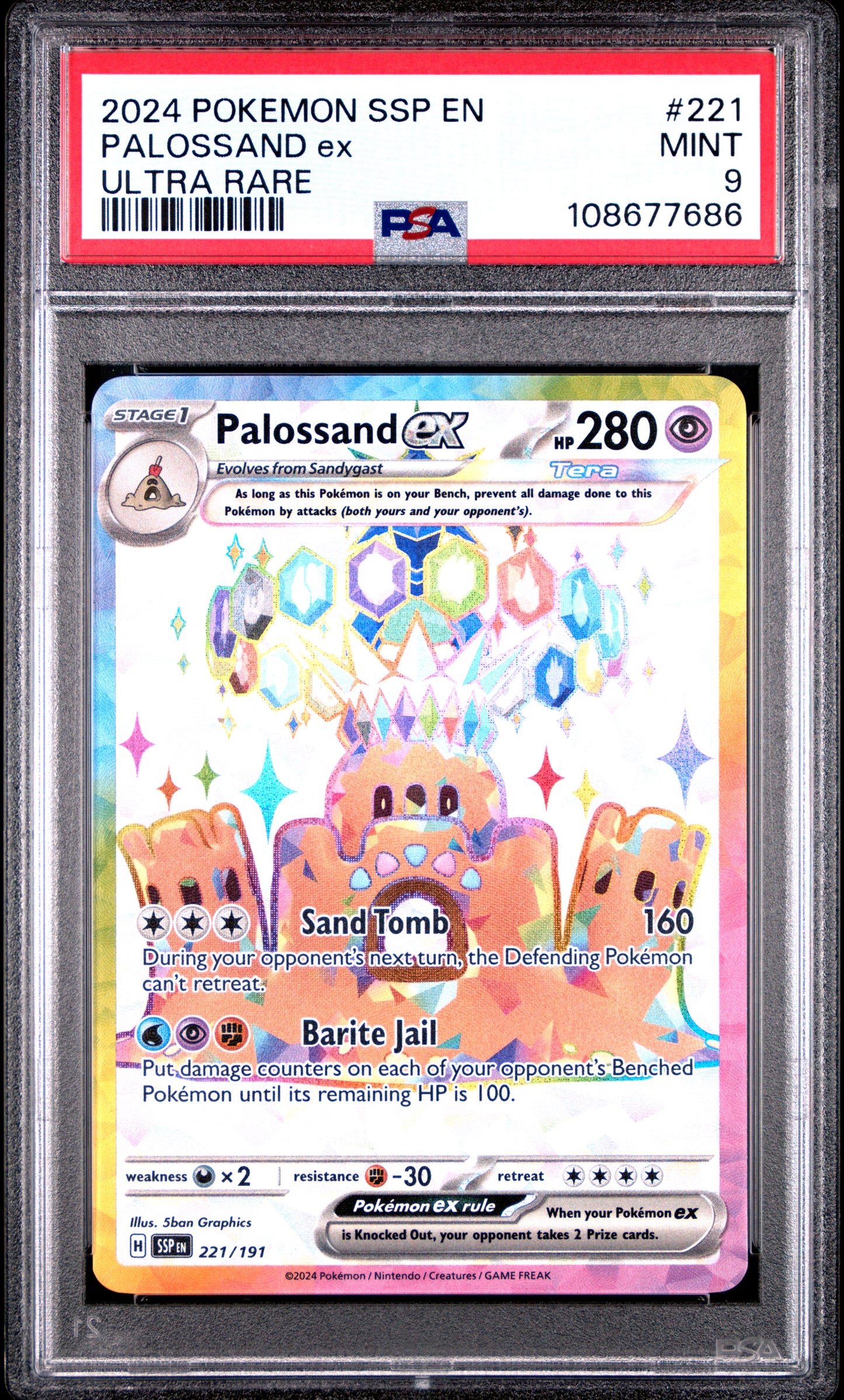 PALOSSAND EX 221/191 Common POKEMON SSP EN-SURGING SPARKS ULTRA RARE PSA9 MINT 9 PSA population 231 <a href=https://www.psacard.com/cert/108677686/psa>https://www.psacard.com/cert/108677686/psa</a>