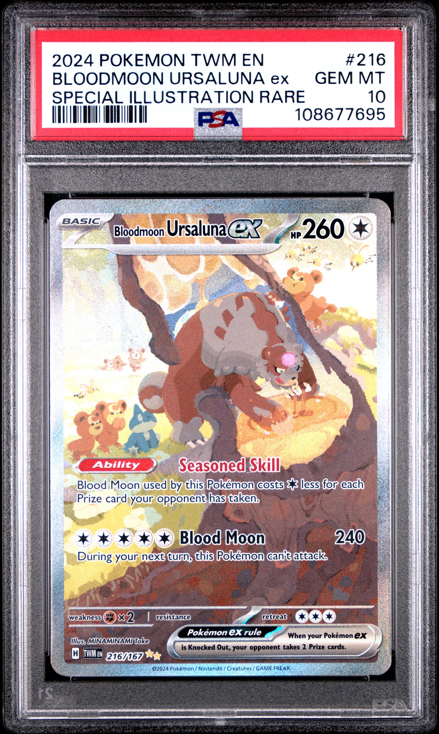 BLOODMOON URSALUNA EX 216/167 Common POKEMON TWM EN-TWILIGHT MASQUERADE SPECIAL ILLUSTRATION RARE PSA10 GEM MT 10 PSA population 1824 <a href=https://www.psacard.com/cert/108677695/psa>https://www.psacard.com/cert/108677695/psa</a>