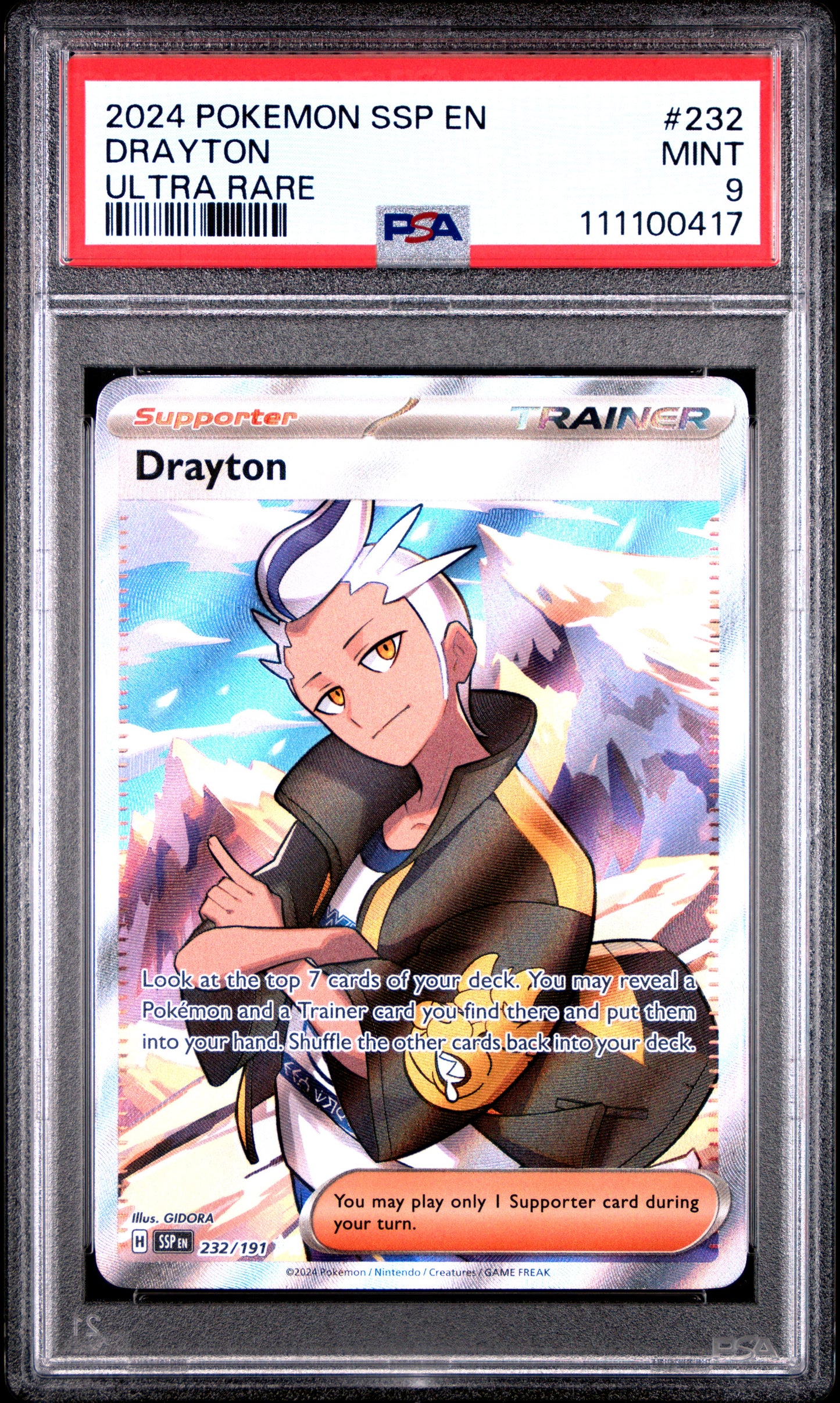 DRAYTON 232/191 Common POKEMON SSP EN-SURGING SPARKS ULTRA RARE PSA9 MINT 9 PSA population 135 <a href=https://www.psacard.com/cert/111100417/psa>https://www.psacard.com/cert/111100417/psa</a>