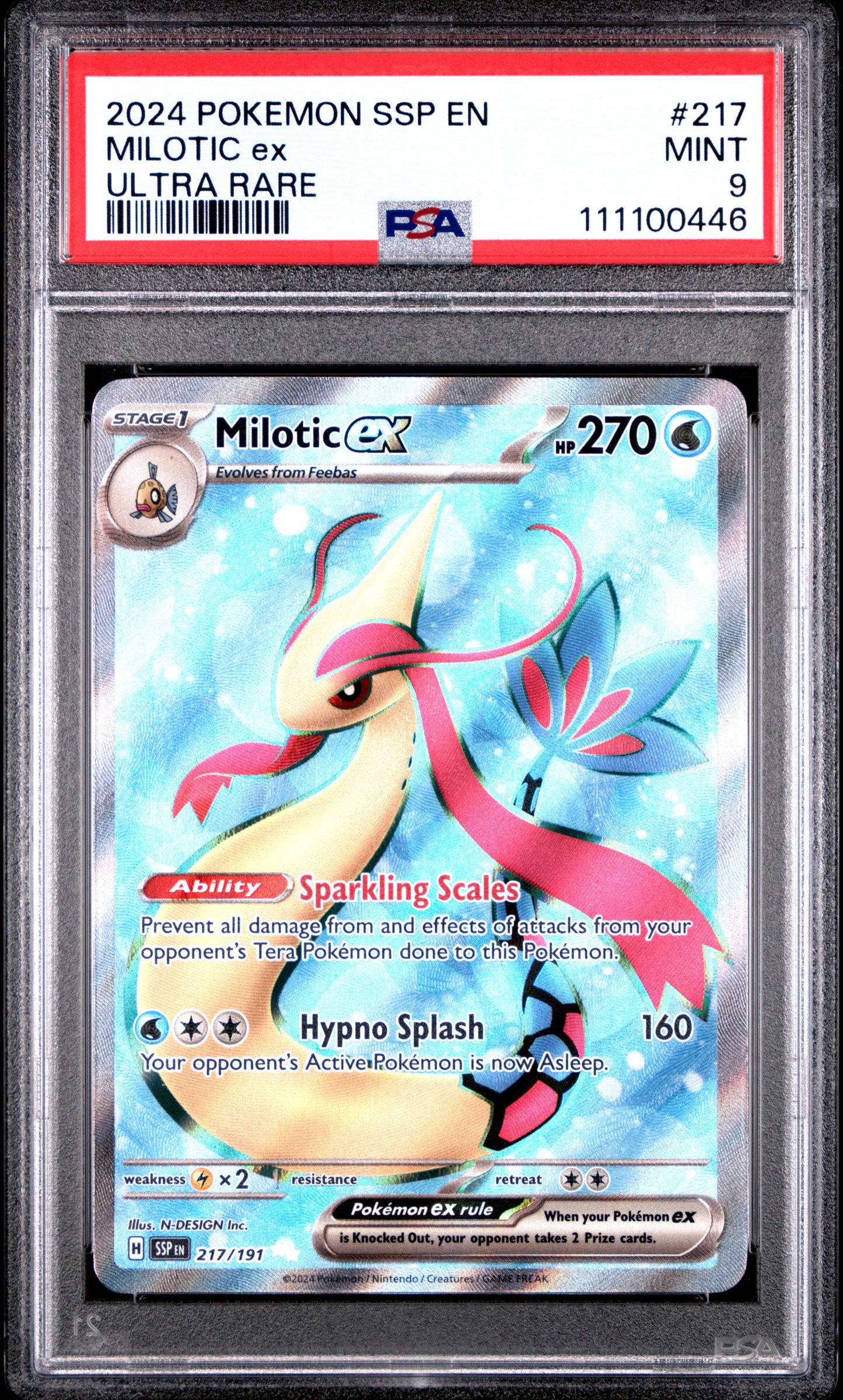 MILOTIC EX 217/191 Common POKEMON SSP EN-SURGING SPARKS ULTRA RARE PSA9 MINT 9 PSA population 449 <a href=https://www.psacard.com/cert/111100446/psa>https://www.psacard.com/cert/111100446/psa</a>