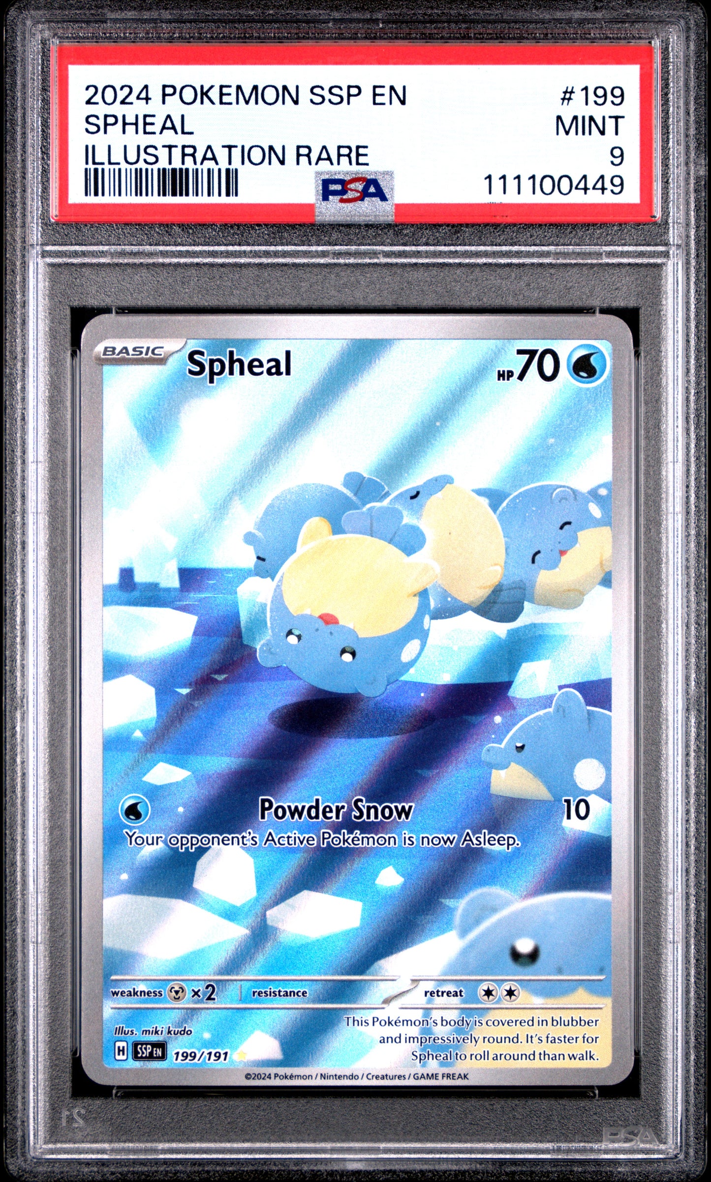 SPHEAL 199/191 Common POKEMON SSP EN-SURGING SPARKS ILLUSTRATION RARE PSA9 MINT 9 PSA population 2013 <a href=https://www.psacard.com/cert/111100449/psa>https://www.psacard.com/cert/111100449/psa</a>