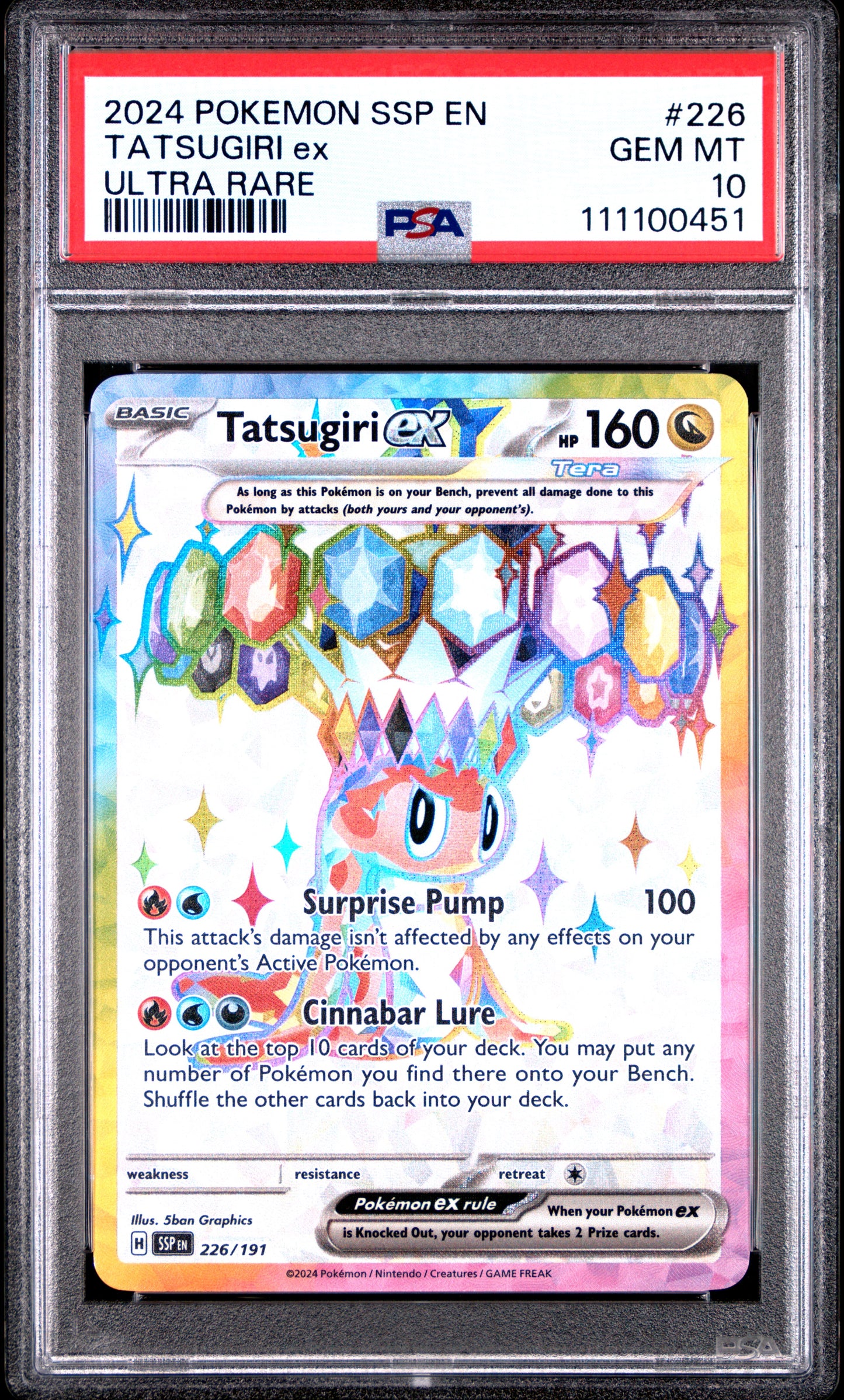 TATSUGIRI EX 226/191 Common POKEMON SSP EN-SURGING SPARKS ULTRA RARE PSA10 GEM MT 10 PSA population 305 <a href=https://www.psacard.com/cert/111100451/psa>https://www.psacard.com/cert/111100451/psa</a>