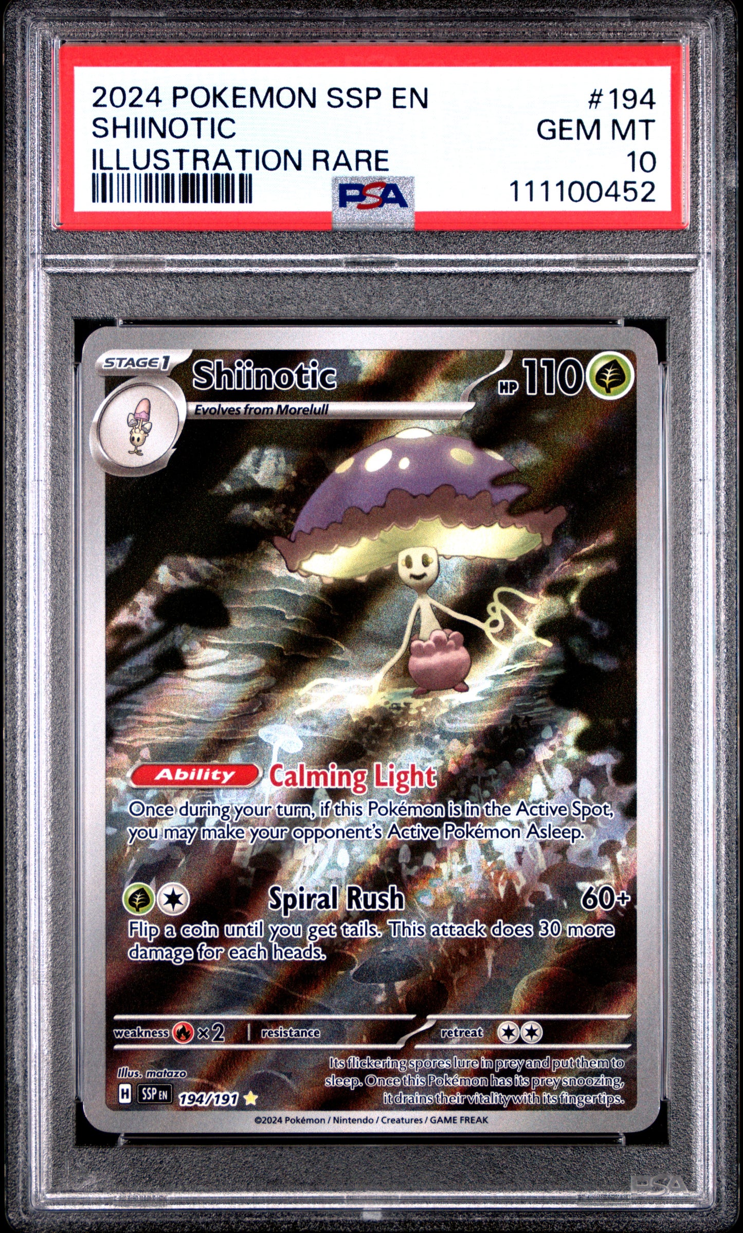 SHIINOTIC 194/191 Common POKEMON SSP EN-SURGING SPARKS ILLUSTRATION RARE PSA10 GEM MT 10 PSA population 314 <a href=https://www.psacard.com/cert/111100452/psa>https://www.psacard.com/cert/111100452/psa</a>