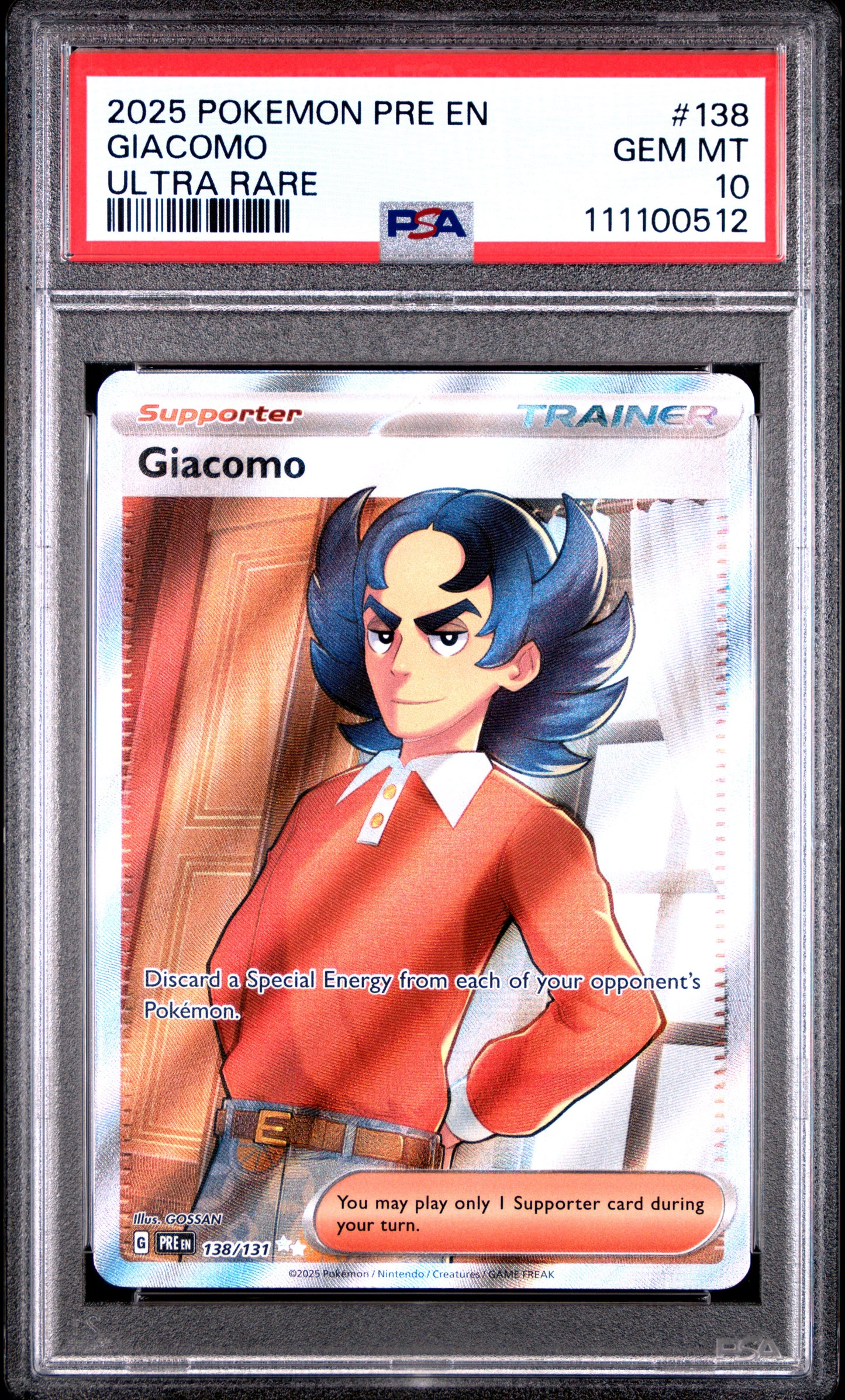 GIACOMO 138/131 Common POKEMON PRE EN-PRISMATIC EVOLUTIONS ULTRA RARE PSA10 GEM MT 10 PSA population 47 <a href=https://www.psacard.com/cert/111100512/psa>https://www.psacard.com/cert/111100512/psa</a>