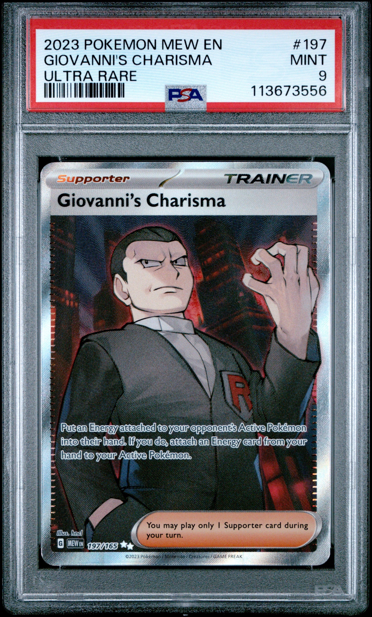 GIOVANNI'S CHARISMA 197/165 Common POKEMON MEW EN-151 ULTRA RARE PSA9 MINT 9 PSA population 1054 <a href=https://www.psacard.com/cert/113673556/psa>https://www.psacard.com/cert/113673556/psa</a>