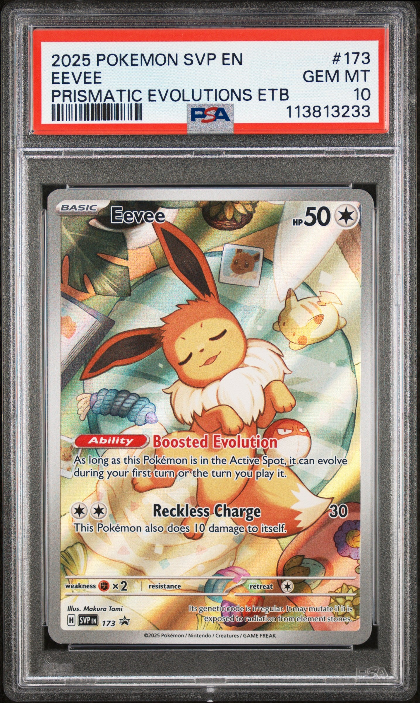 EEVEE 173/SVP Common POKEMON SVP EN-SV BLACK STAR PROMO PRISMATIC EVOLUTIONS ETB PSA10 GEM MT 10 PSA population 23245 <a href=https://www.psacard.com/cert/113813233/psa>https://www.psacard.com/cert/113813233/psa</a>
