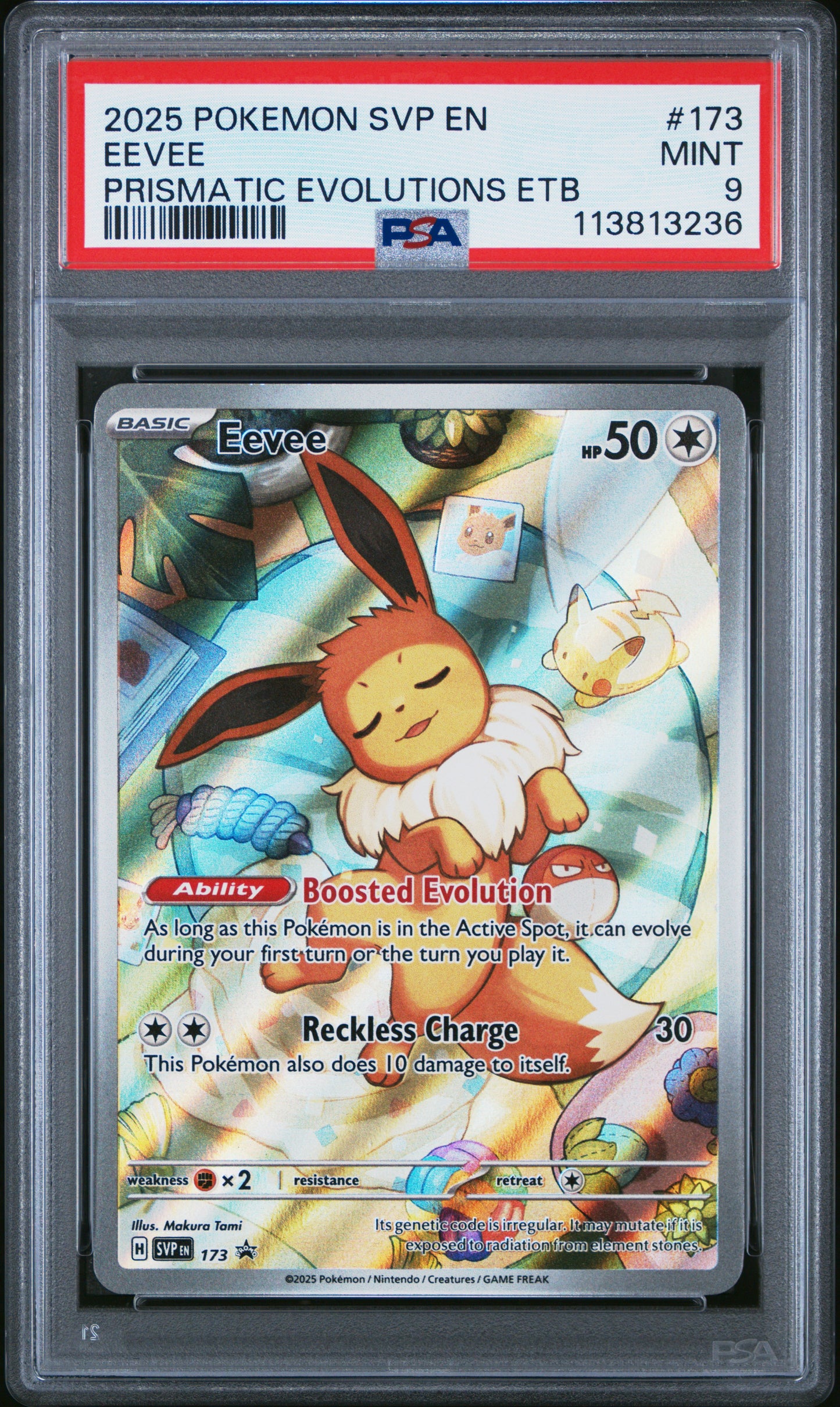 EEVEE 173/SVP Common POKEMON SVP EN-SV BLACK STAR PROMO PRISMATIC EVOLUTIONS ETB PSA9 MINT 9 PSA population 24772 <a href=https://www.psacard.com/cert/113813236/psa>https://www.psacard.com/cert/113813236/psa</a>