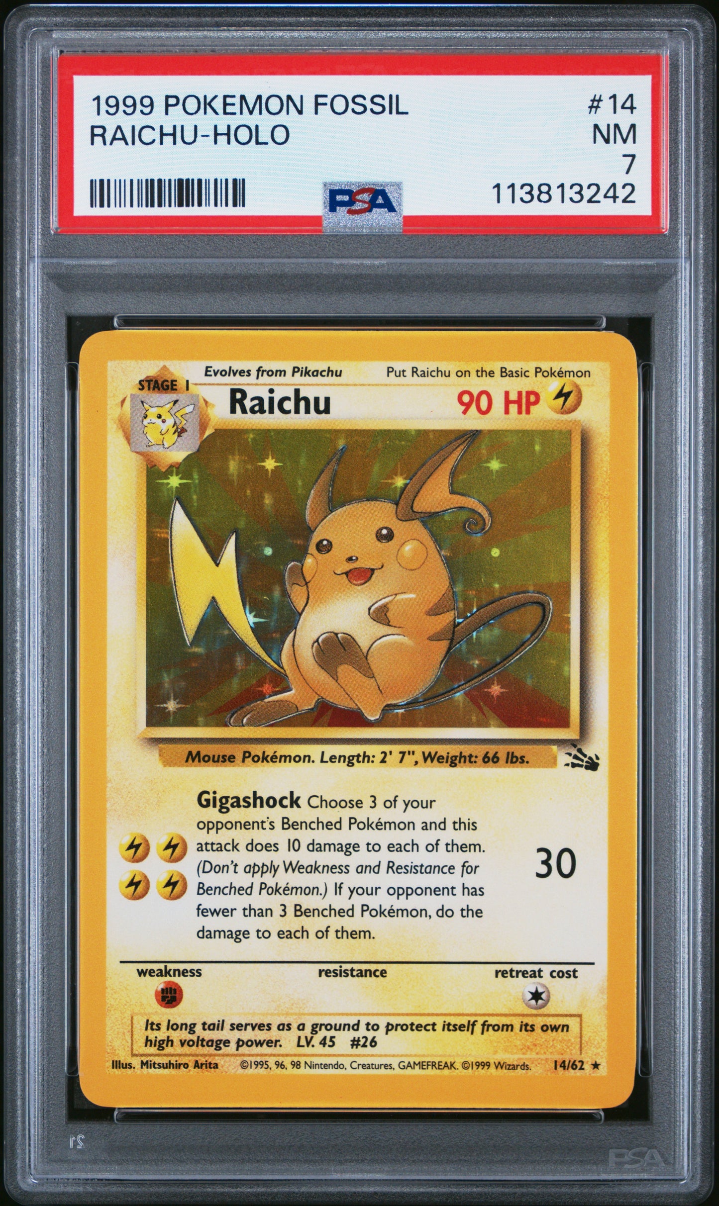 RAICHU-HOLO 14/62 Common POKEMON FOSSIL PSA7 NM 7 PSA population 1450 <a href=https://www.psacard.com/cert/113813242/psa>https://www.psacard.com/cert/113813242/psa</a>
