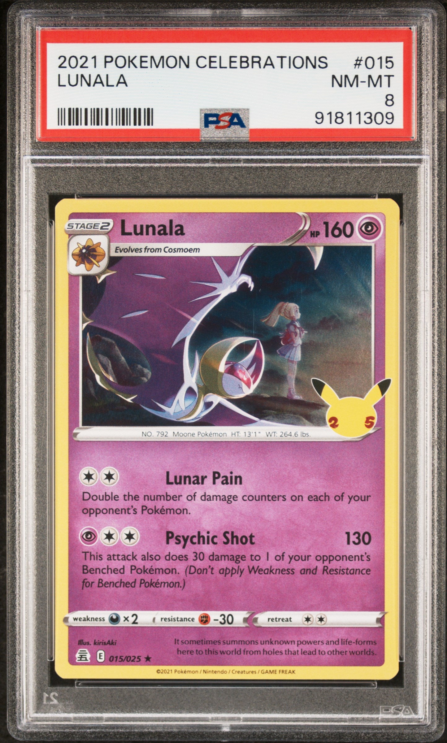LUNALA 15/25 Common POKEMON CELEBRATIONS PSA8 NM-MT 8 PSA population 249 <a href=https://www.psacard.com/cert/91811309/psa>https://www.psacard.com/cert/91811309/psa</a>