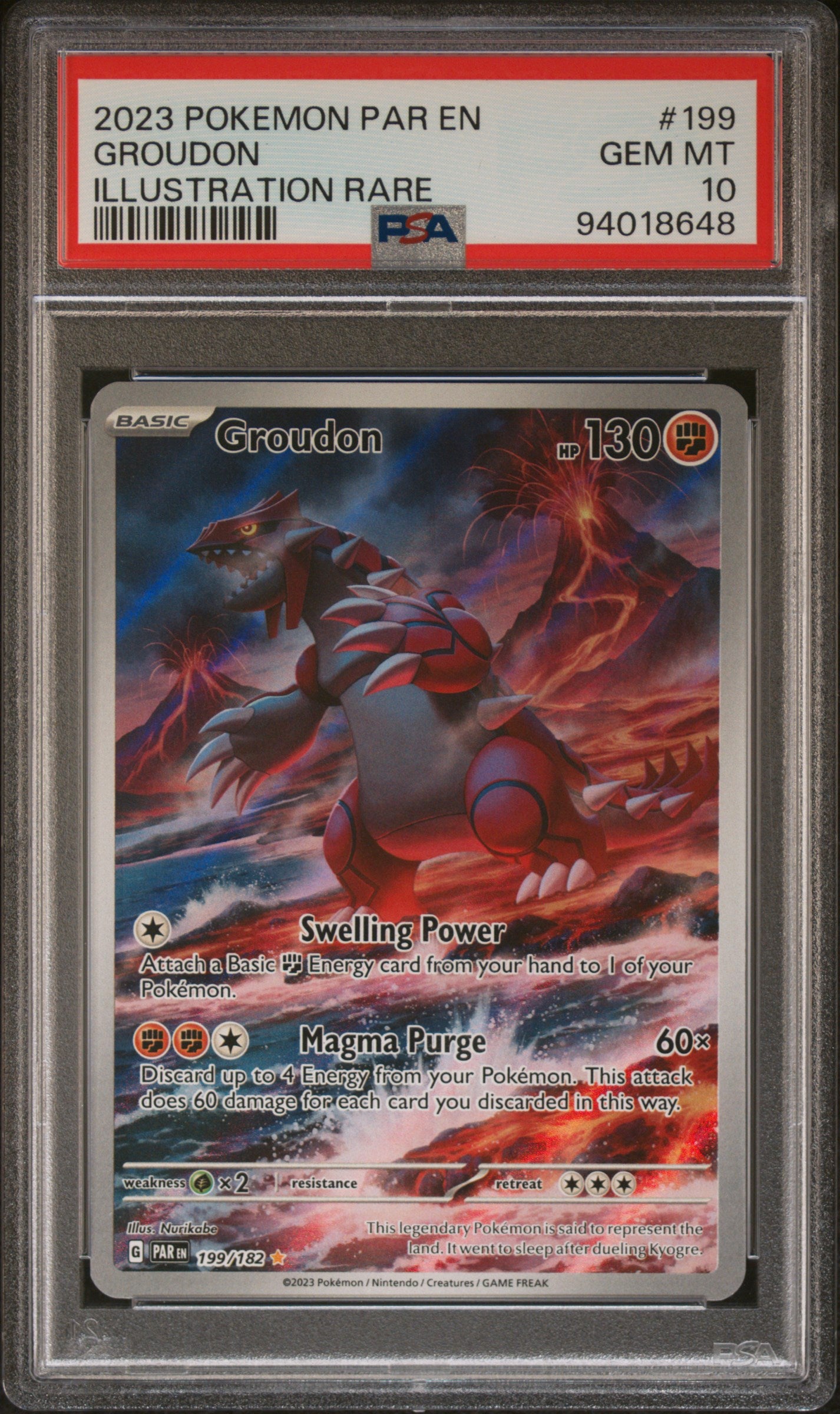 GROUDON 199/182 Common POKEMON PAR EN-PARADOX RIFT ILLUSTRATION RARE PSA10 GEM MT 10 PSA population 4476 <a href=https://www.psacard.com/cert/94018648/psa>https://www.psacard.com/cert/94018648/psa</a>