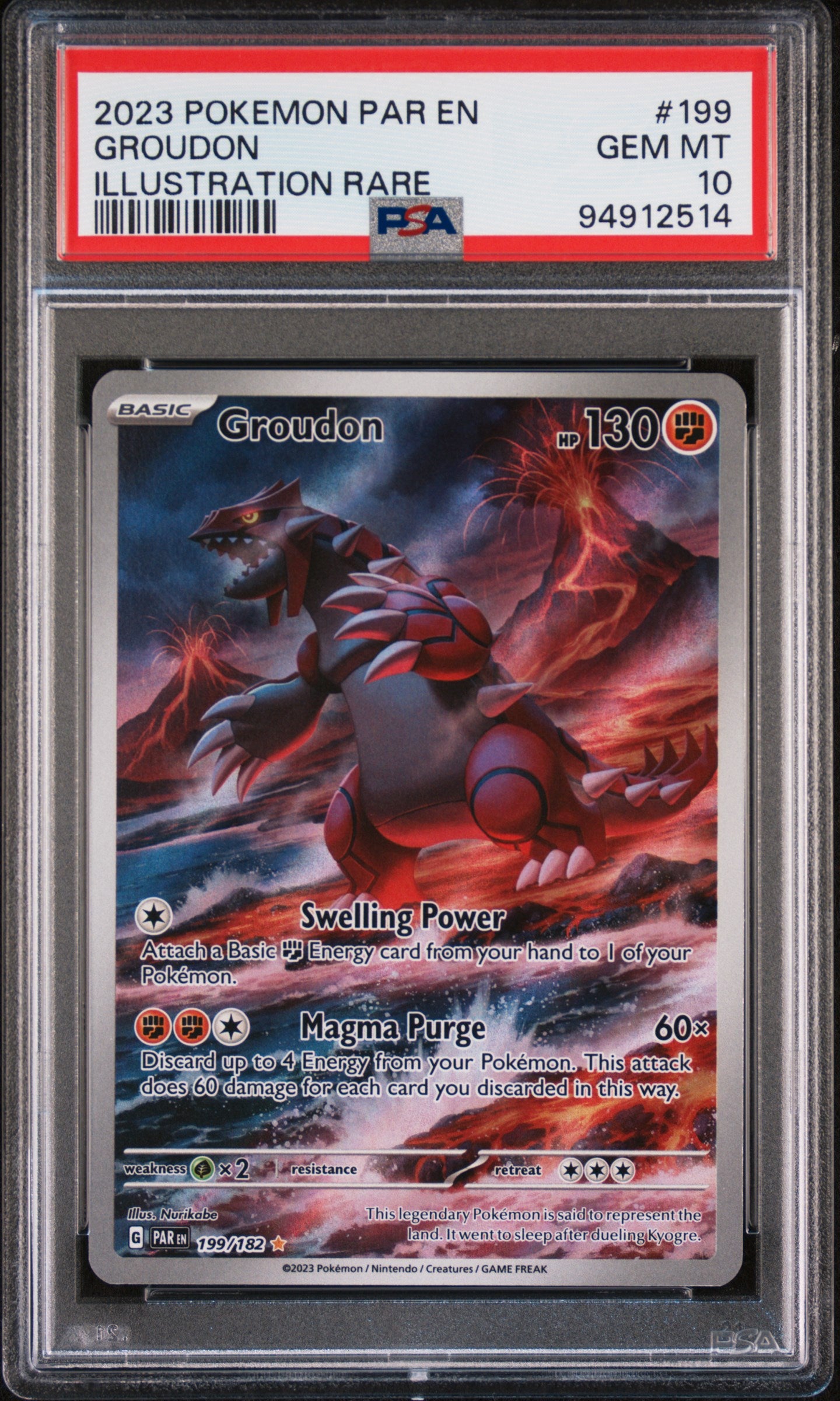 GROUDON 199/182 Common POKEMON PAR EN-PARADOX RIFT ILLUSTRATION RARE PSA10 GEM MT 10 PSA population 4476 <a href=https://www.psacard.com/cert/94912514/psa>https://www.psacard.com/cert/94912514/psa</a>