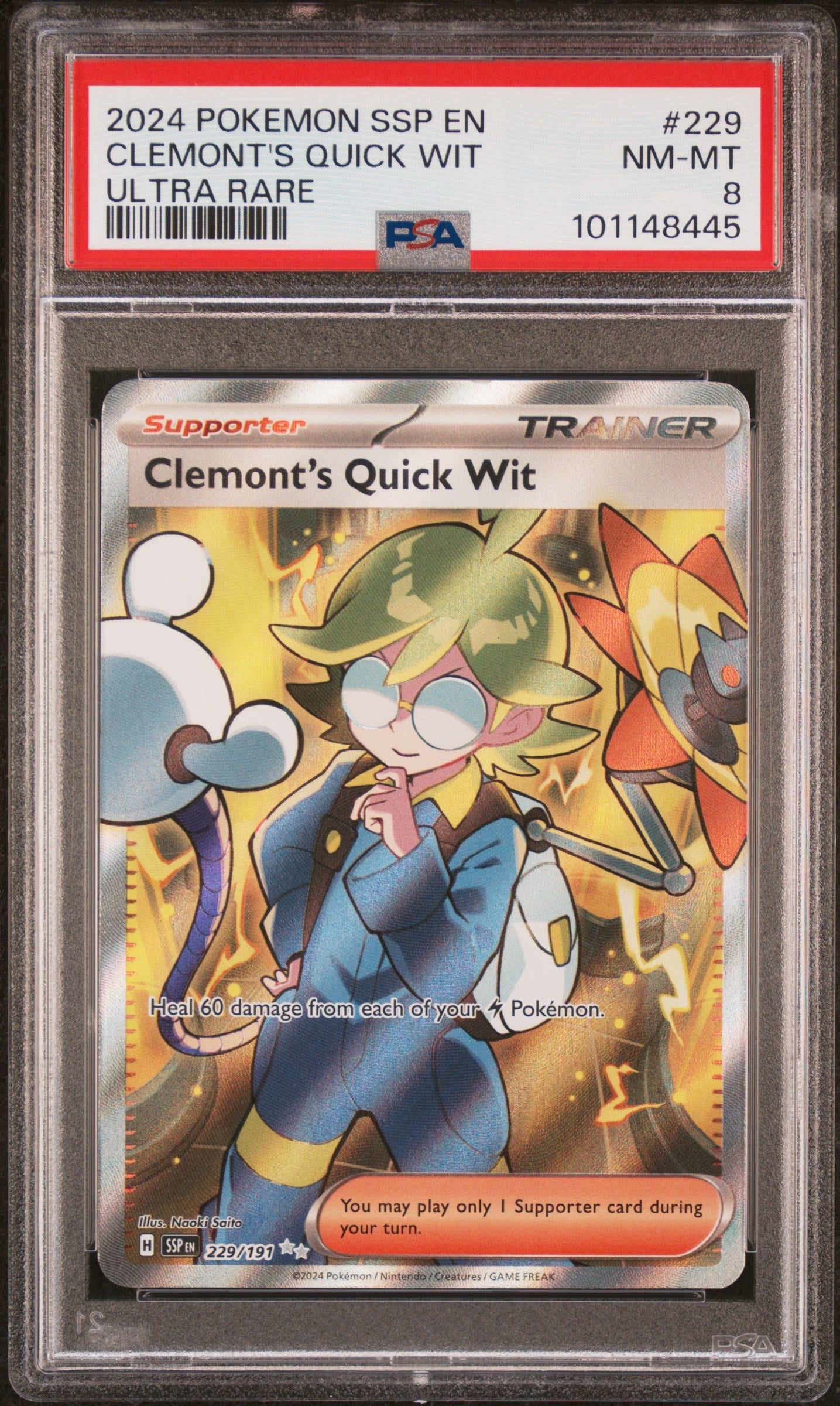 CLEMONT'S QUICK WIT 229/191 Common POKEMON SSP EN-SURGING SPARKS ULTRA RARE PSA8 NM-MT 8 PSA population 50 <a href=https://www.psacard.com/cert/101148445/psa>https://www.psacard.com/cert/101148445/psa</a>