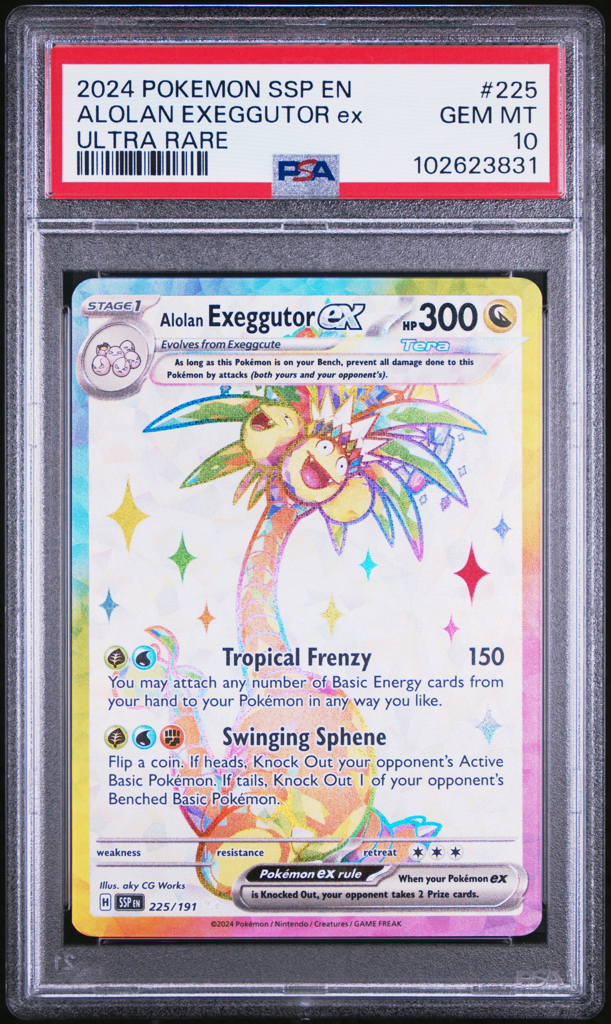 ALOLAN EXEGGUTOR EX 225/191 Common POKEMON SSP EN-SURGING SPARKS ULTRA RARE PSA10 GEM MT 10 PSA population 588 <a href=https://www.psacard.com/cert/102623831/psa>https://www.psacard.com/cert/102623831/psa</a>