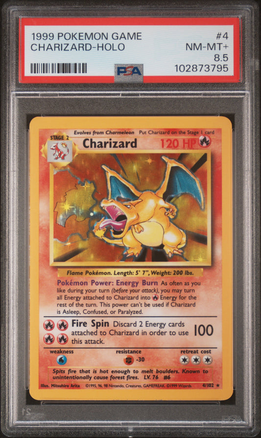CHARIZARD-HOLO 4/102 Unlimited POKEMON GAME PSA8.5 NM-MT+ 8.5 PSA population 505 <a href=https://www.psacard.com/cert/102873795/psa>https://www.psacard.com/cert/102873795/psa</a>