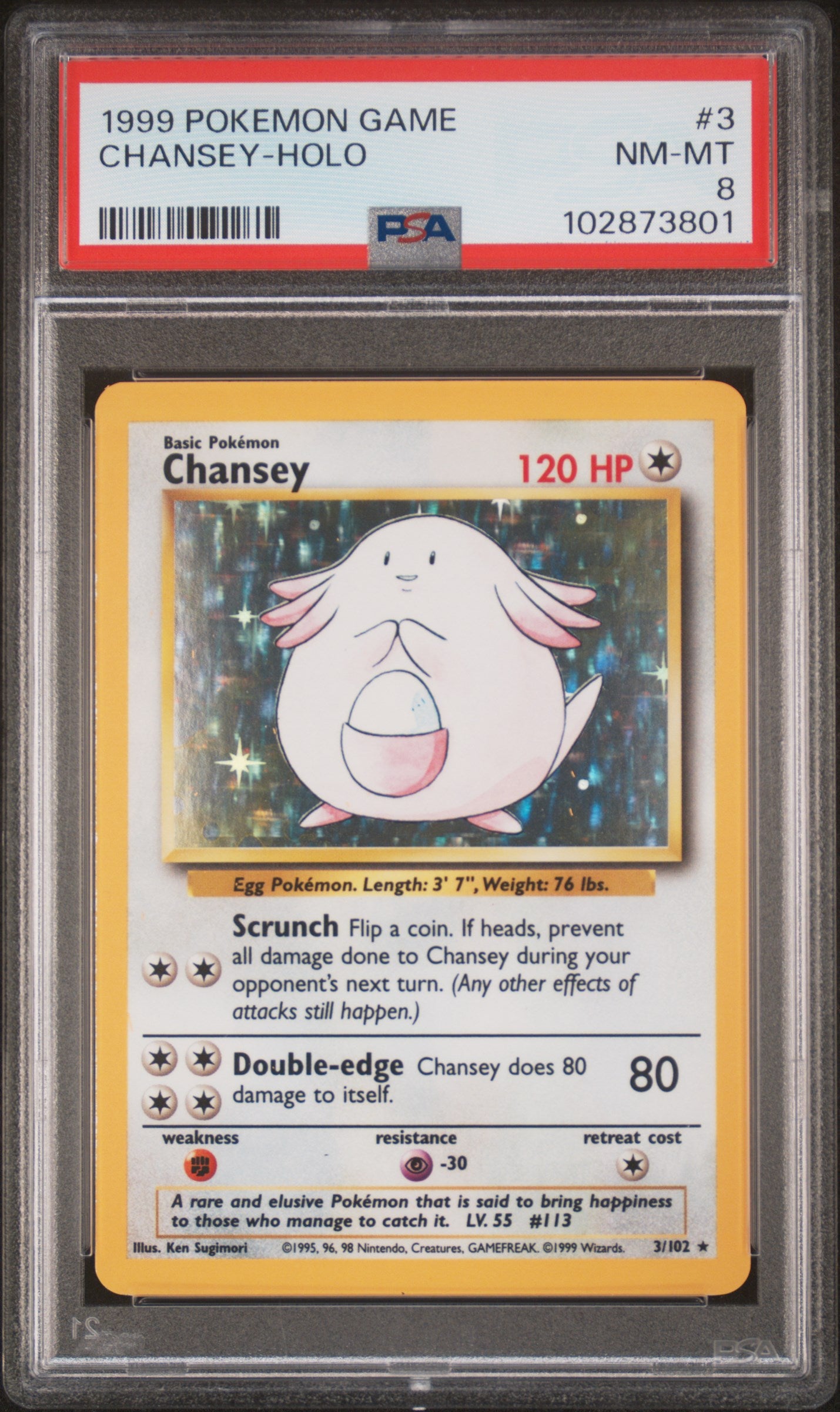 CHANSEY-HOLO 3/102 Unlimited POKEMON GAME PSA8 NM-MT 8 PSA population 3627 <a href=https://www.psacard.com/cert/102873801/psa>https://www.psacard.com/cert/102873801/psa</a>