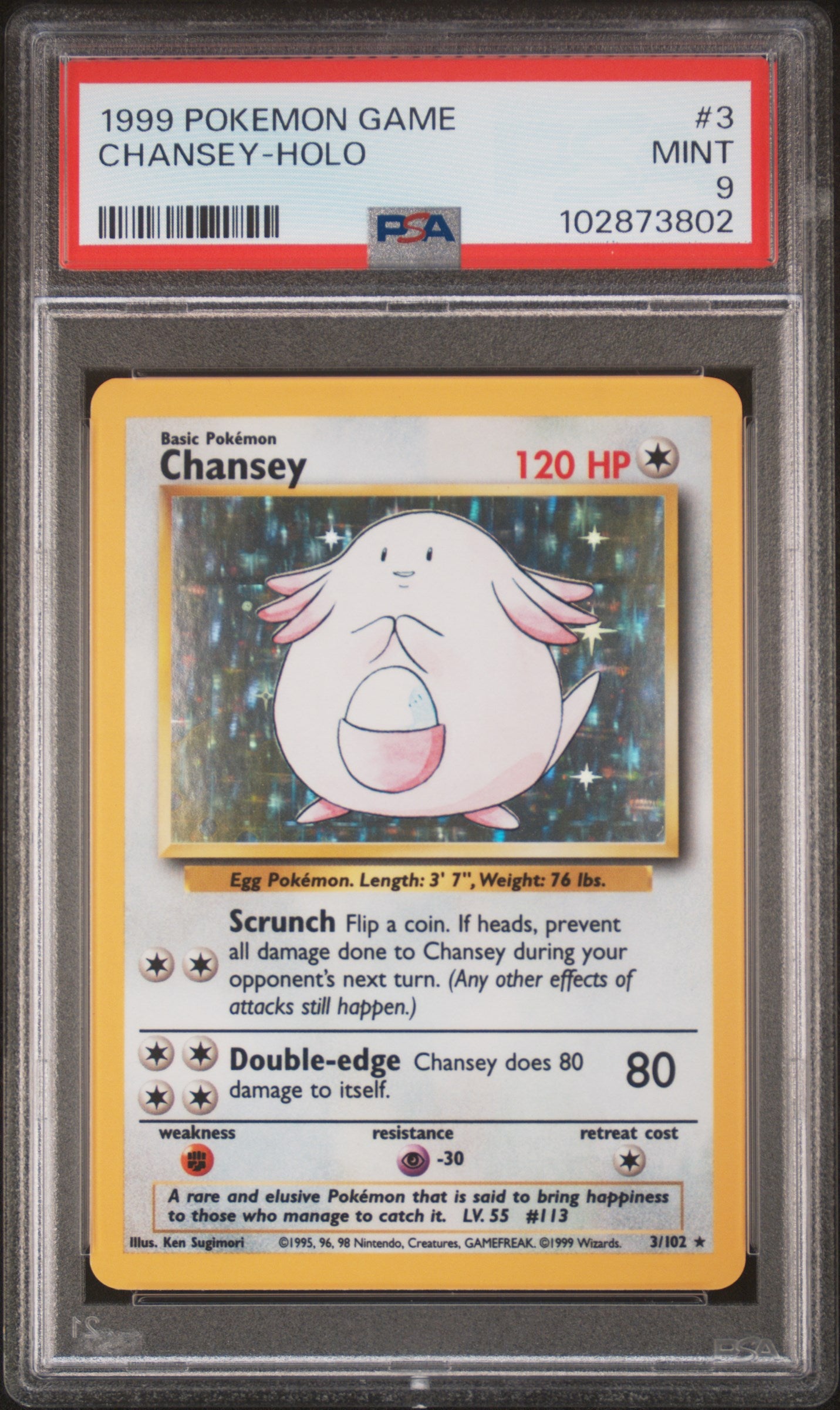 CHANSEY-HOLO 3/102 Unlimited POKEMON GAME PSA9 MINT 9 PSA population 2014 <a href=https://www.psacard.com/cert/102873802/psa>https://www.psacard.com/cert/102873802/psa</a>