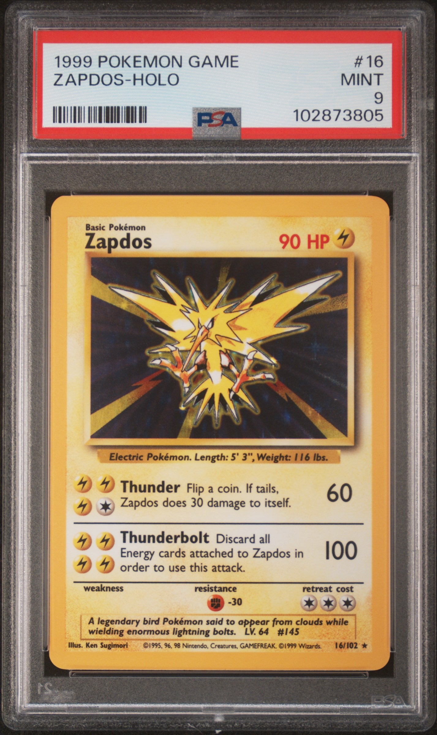 ZAPDOS-HOLO 16/102 Unlimited POKEMON GAME PSA9 MINT 9 PSA population 3980 <a href=https://www.psacard.com/cert/102873805/psa>https://www.psacard.com/cert/102873805/psa</a>