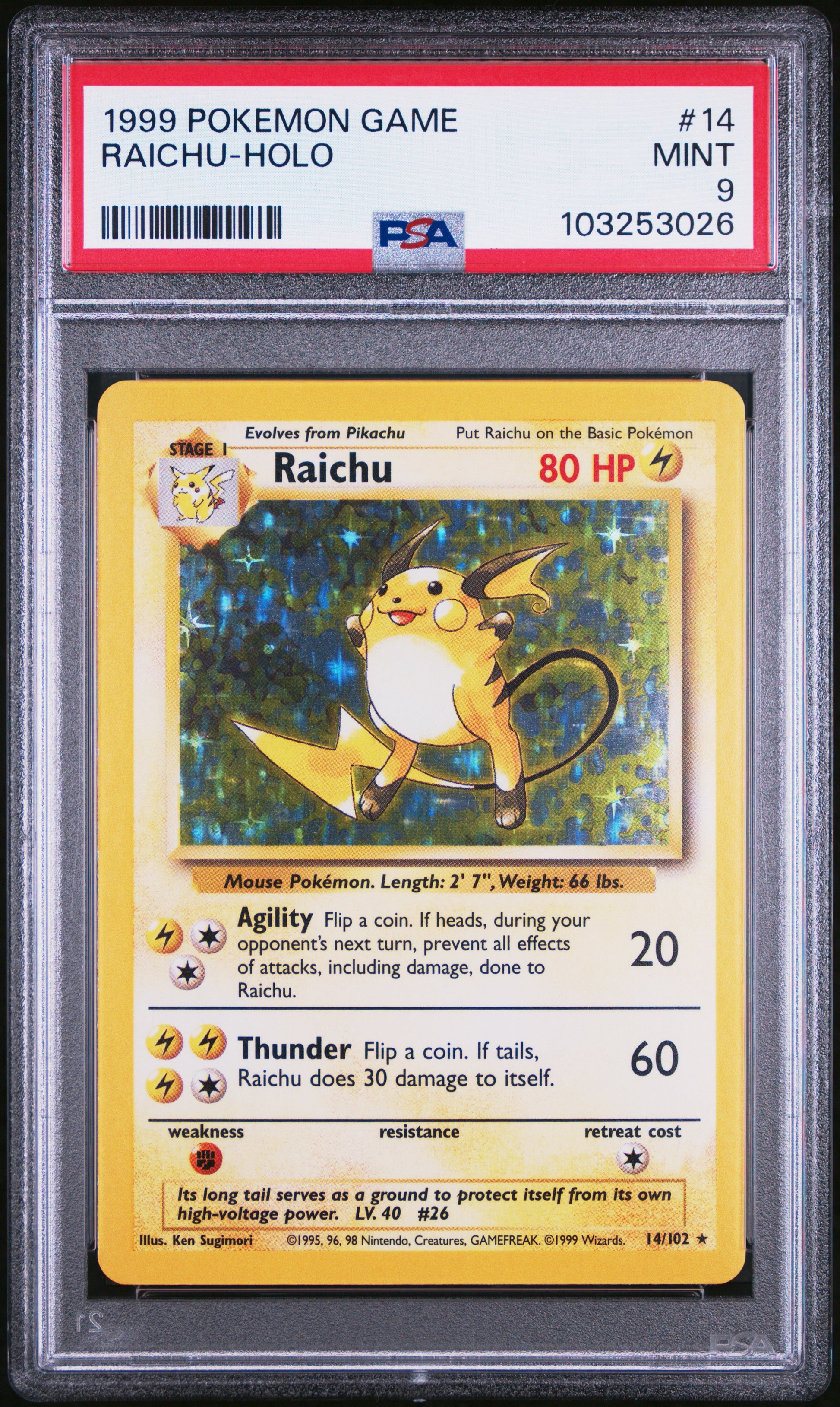 RAICHU-HOLO 14/102 Unlimited POKEMON GAME PSA9 MINT 9 PSA population 2577 <a href=https://www.psacard.com/cert/103253026/psa>https://www.psacard.com/cert/103253026/psa</a>