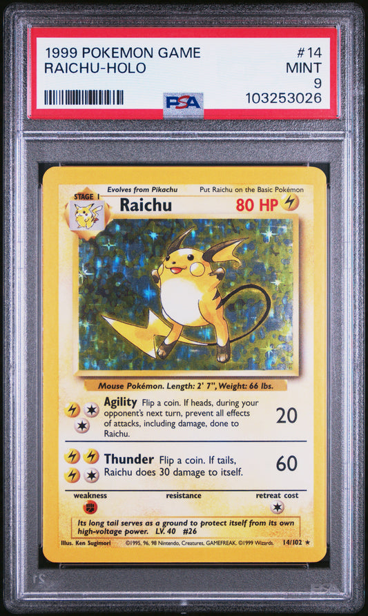 RAICHU-HOLO 14/102 Unlimited POKEMON GAME PSA9 MINT 9 PSA population 2577 <a href=https://www.psacard.com/cert/103253026/psa>https://www.psacard.com/cert/103253026/psa</a>