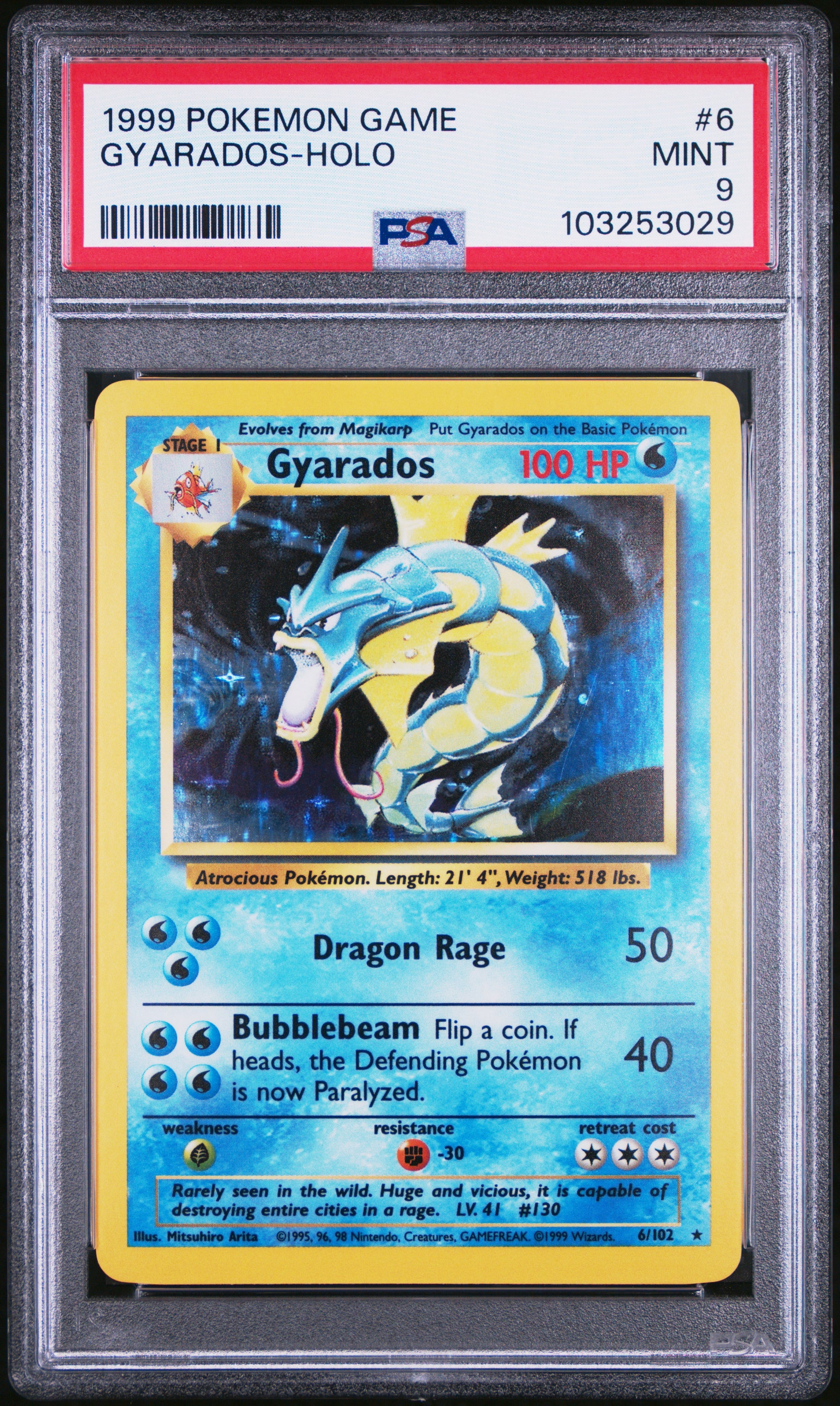 GYARADOS-HOLO 6/102 Unlimited POKEMON GAME PSA9 MINT 9 PSA population 4212 <a href=https://www.psacard.com/cert/103253029/psa>https://www.psacard.com/cert/103253029/psa</a>