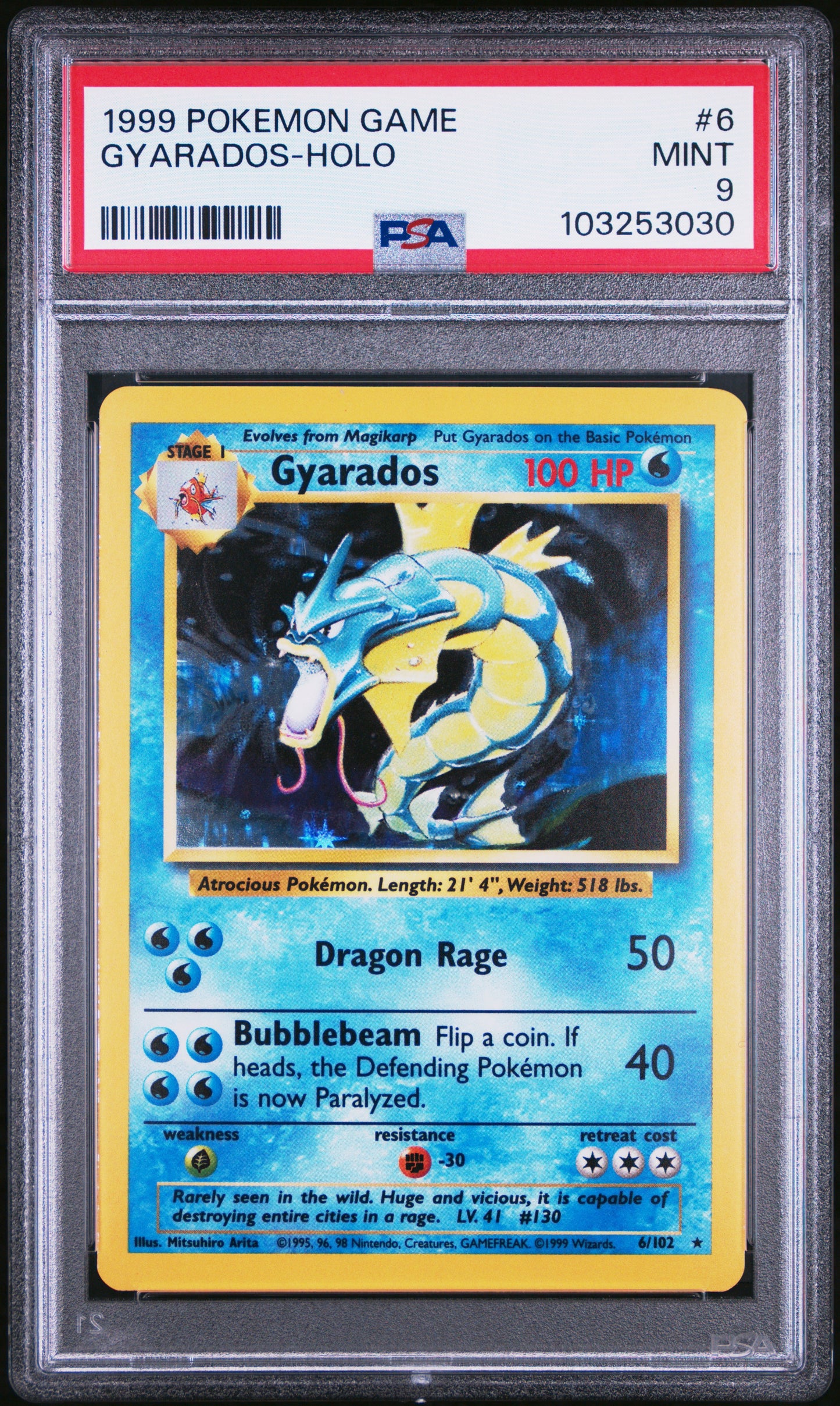 GYARADOS-HOLO 6/102 Unlimited POKEMON GAME PSA9 MINT 9 PSA population 4212 <a href=https://www.psacard.com/cert/103253030/psa>https://www.psacard.com/cert/103253030/psa</a>