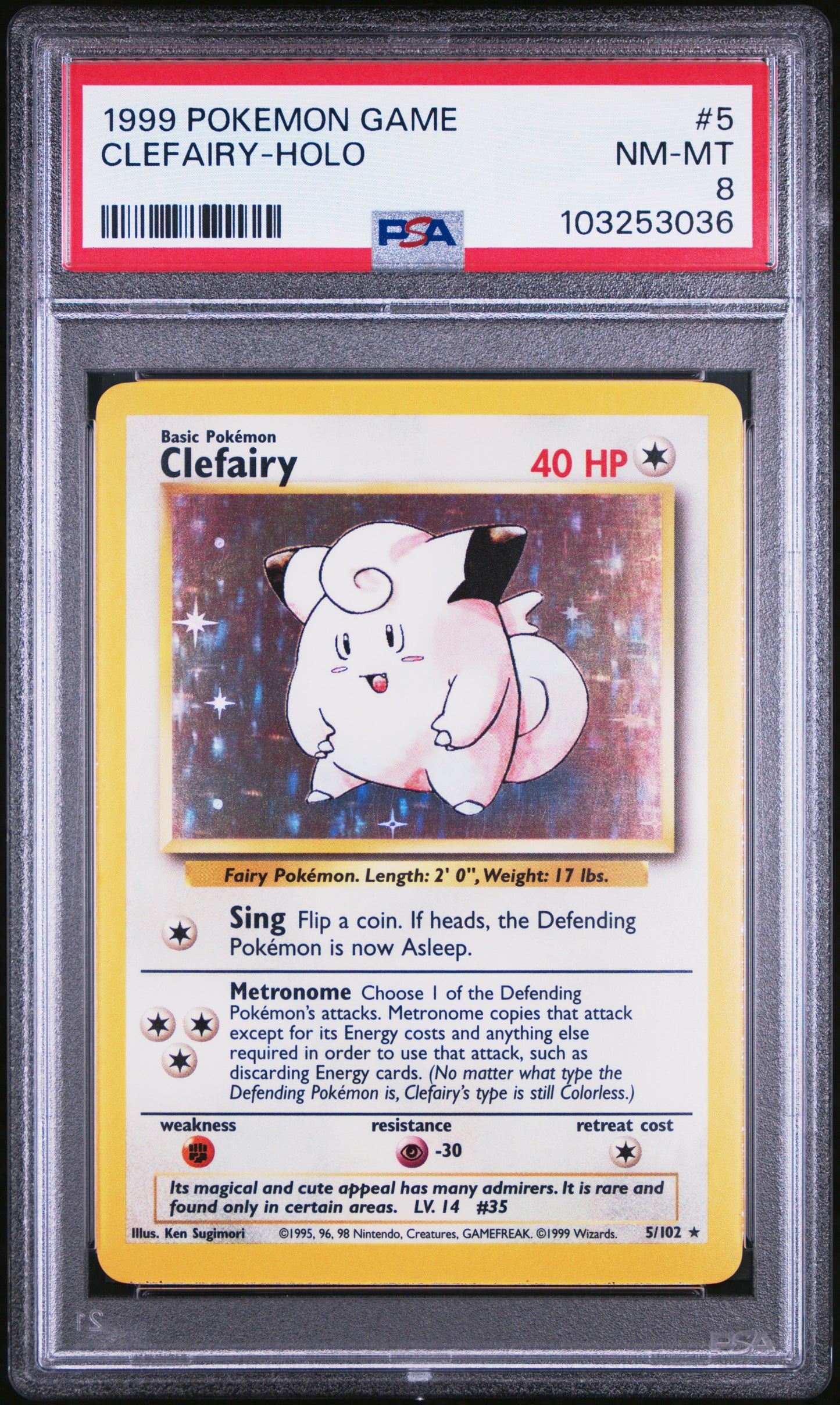 CLEFAIRY-HOLO 5/102 Unlimited POKEMON GAME PSA9 NM-MT 8 PSA population 3353 <a href=https://www.psacard.com/cert/103253036/psa>https://www.psacard.com/cert/103253036/psa</a>