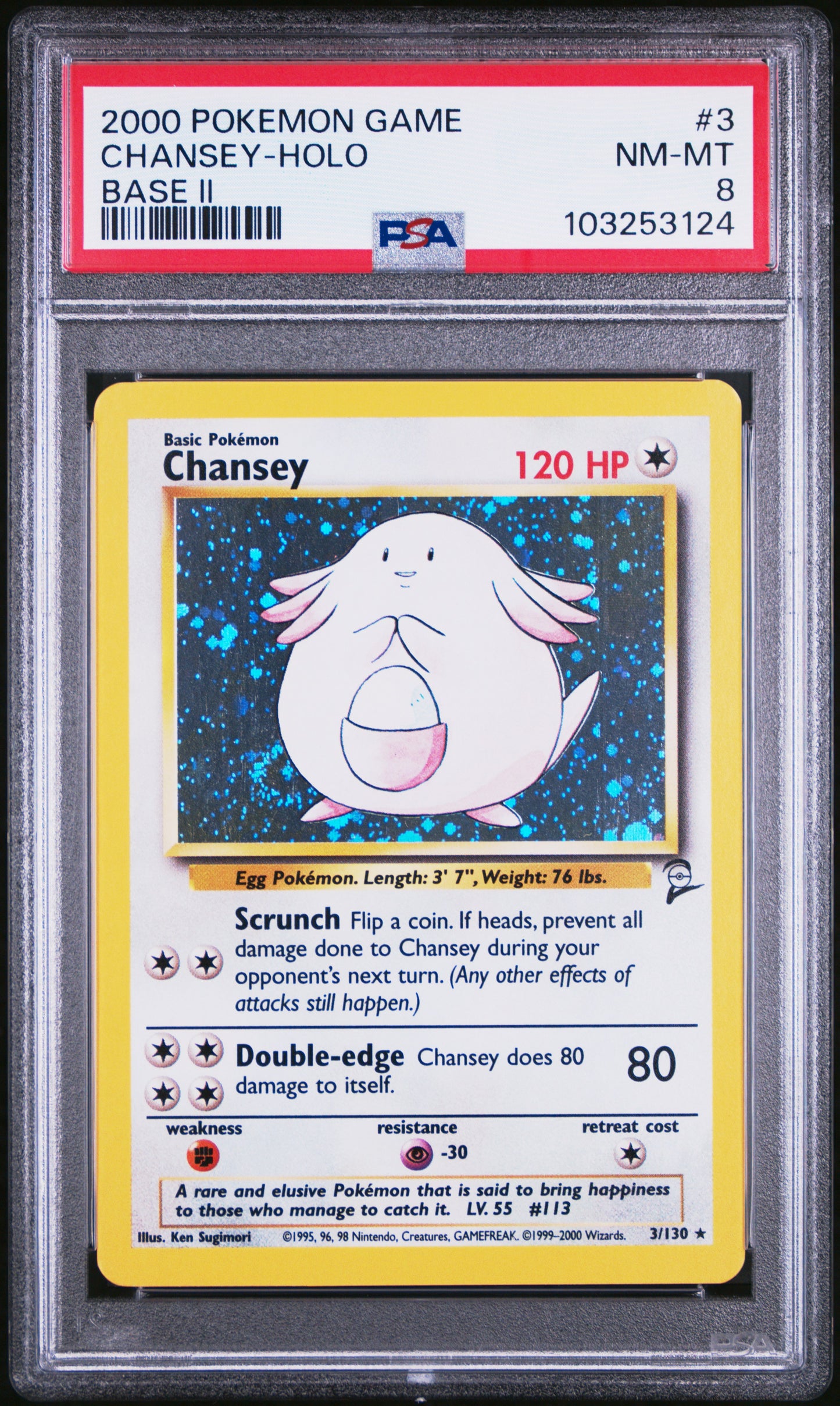 CHANSEY-HOLO 3/130 Common POKEMON GAME BASE II BASE II PSA8 NM-MT 8 PSA population 1246 <a href=https://www.psacard.com/cert/103253124/psa>https://www.psacard.com/cert/103253124/psa</a>