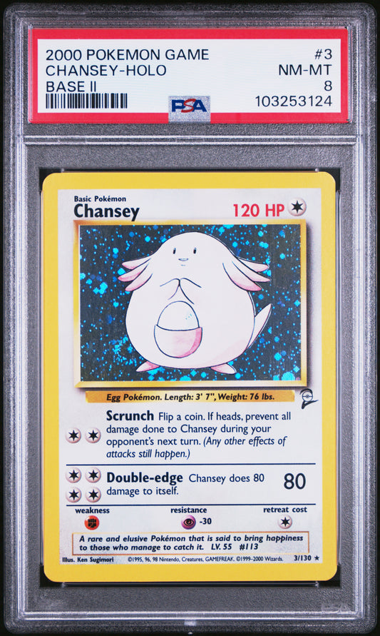 CHANSEY-HOLO 3/130 Common POKEMON GAME BASE II BASE II PSA8 NM-MT 8 PSA population 1246 <a href=https://www.psacard.com/cert/103253124/psa>https://www.psacard.com/cert/103253124/psa</a>