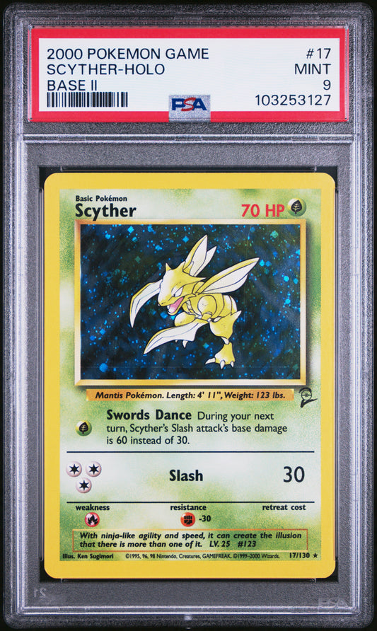 SCYTHER-HOLO 17/130 Common POKEMON GAME BASE II BASE II PSA9 MINT 9 PSA population 532 <a href=https://www.psacard.com/cert/103253127/psa>https://www.psacard.com/cert/103253127/psa</a>