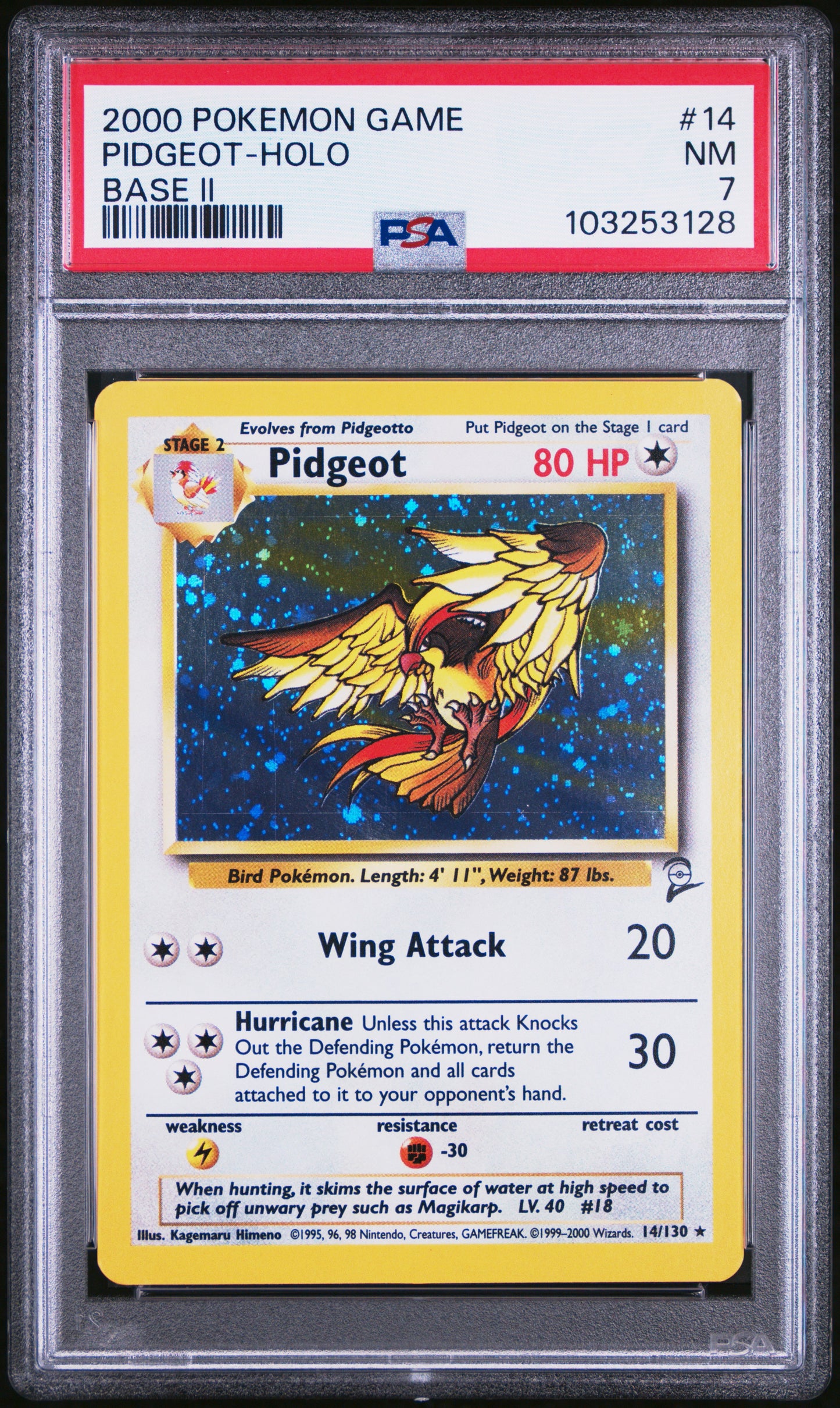 PIDGEOT-HOLO 14/130 Common POKEMON GAME BASE II BASE II PSA7 NM 7 PSA population 574 <a href=https://www.psacard.com/cert/103253128/psa>https://www.psacard.com/cert/103253128/psa</a>