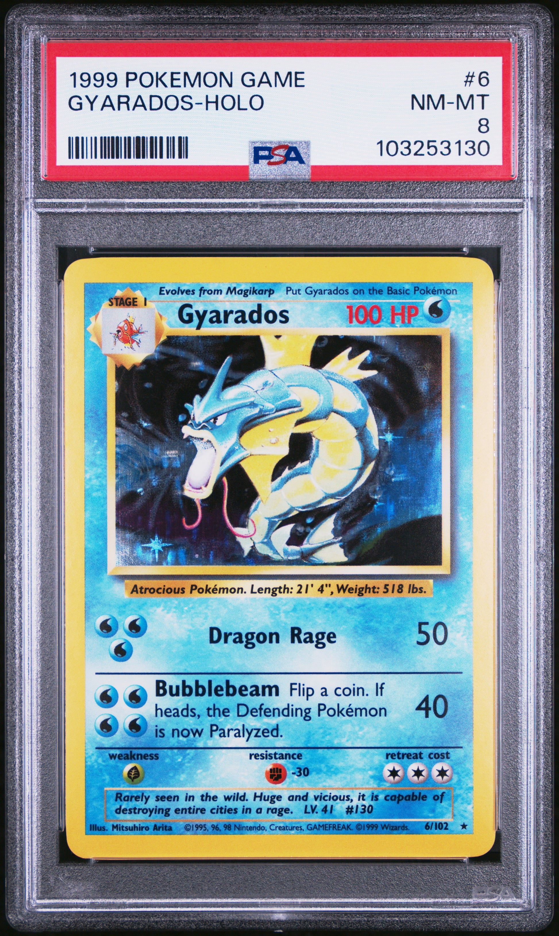 GYARADOS-HOLO 6/102 Unlimited POKEMON GAME PSA8 NM-MT 8 PSA population 5163 <a href=https://www.psacard.com/cert/103253130/psa>https://www.psacard.com/cert/103253130/psa</a>
