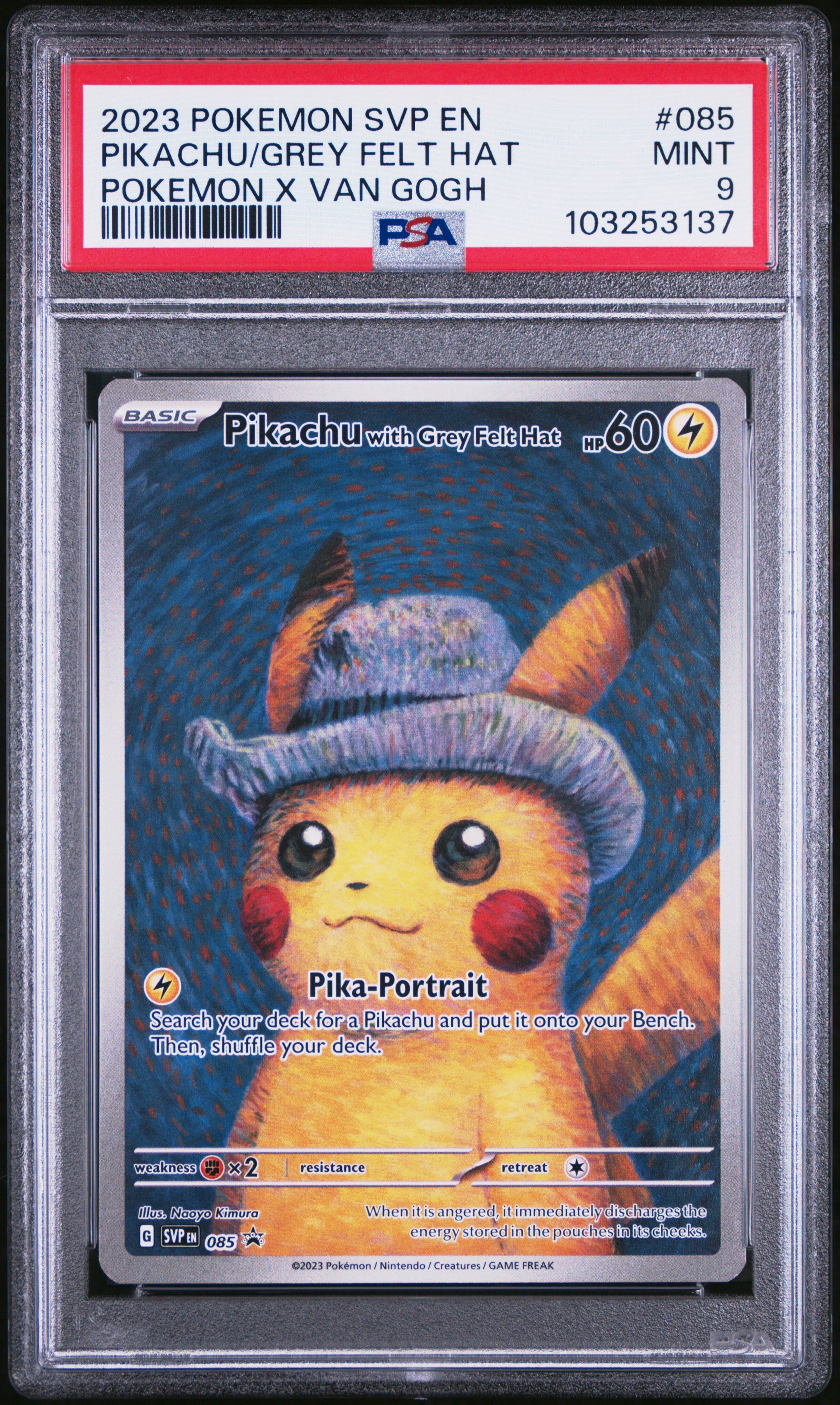PIKACHU/GREY FELT HAT 85/SVP Common POKEMON SVP EN-SV BLACK STAR PROMO POKEMON X VAN GOGH PSA9 MINT 9 PSA population 39657 <a href=https://www.psacard.com/cert/103253137/psa>https://www.psacard.com/cert/103253137/psa</a>