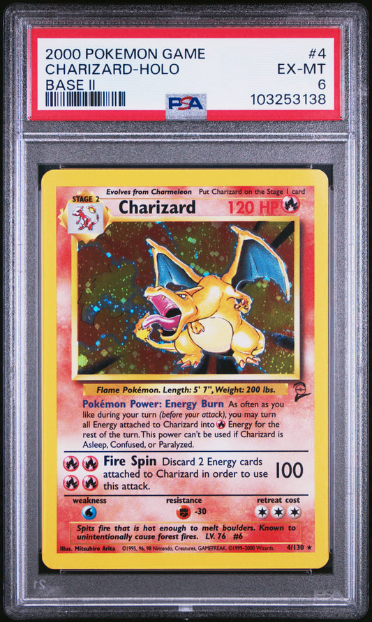 CHARIZARD-HOLO 4/130 Common POKEMON GAME BASE II BASE II PSA6 EX-MT 6 PSA population 3482 <a href=https://www.psacard.com/cert/103253138/psa>https://www.psacard.com/cert/103253138/psa</a>