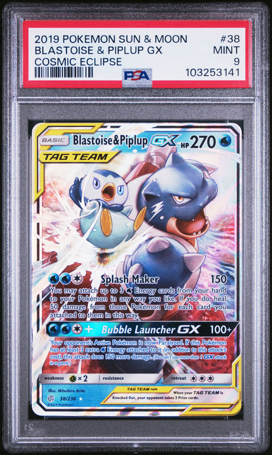 BLASTOISE & PIPLUP GX 38/236 Common POKEMON SUN & MOON COSMIC ECLIPSE COSMIC ECLIPSE PSA9 MINT 9 PSA population 1332 <a href=https://www.psacard.com/cert/103253141/psa>https://www.psacard.com/cert/103253141/psa</a>